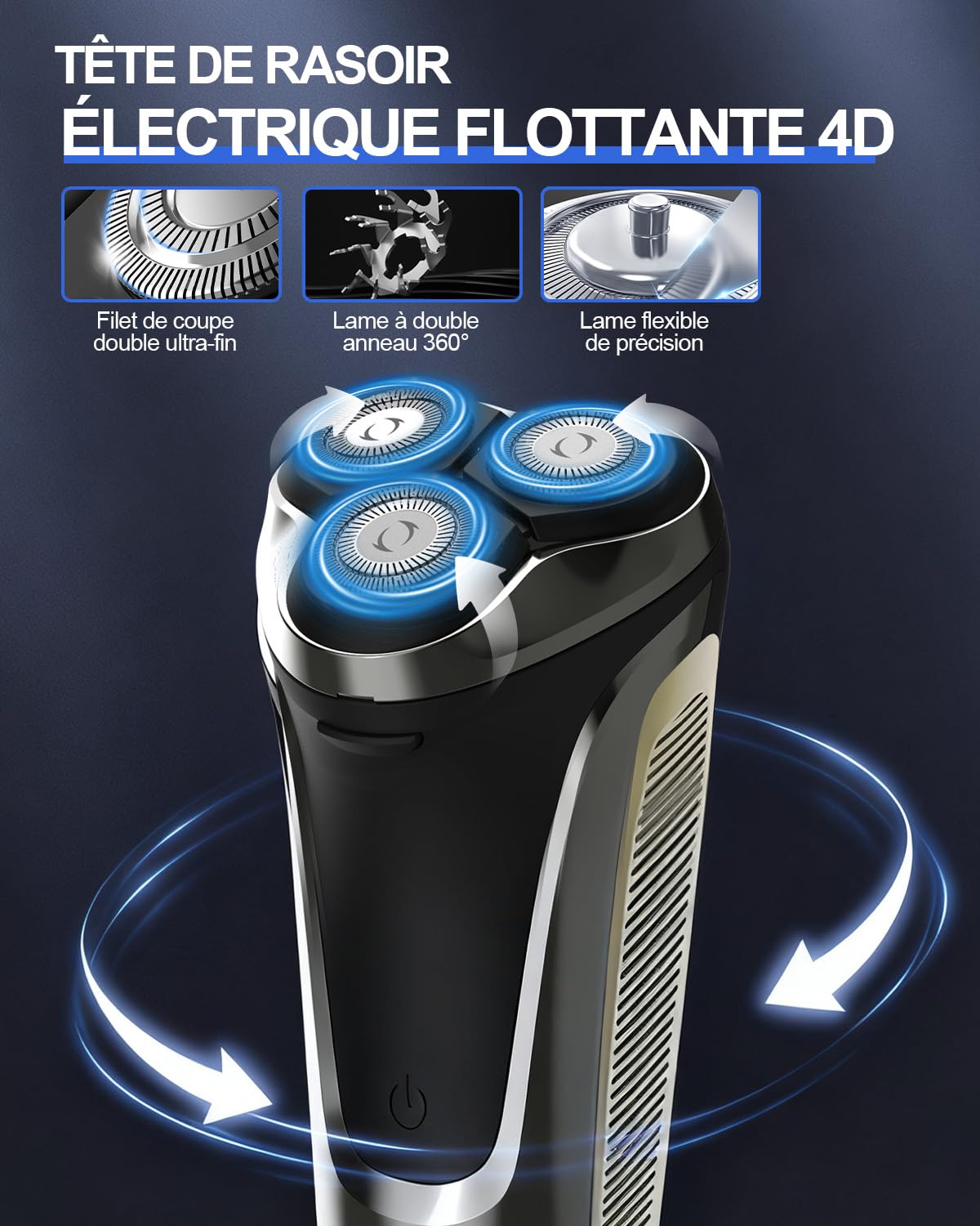 Rasoir Électrique Homme Rechargeable 4D avec Écran LED, IPX7 Rasoir Homme Étanche Humide & Sec, Rasoir Rotatif Sans Fil, Tondeuse Barbe avec Tondeuse Rétractable et Verrouillage Voyage(Noir)