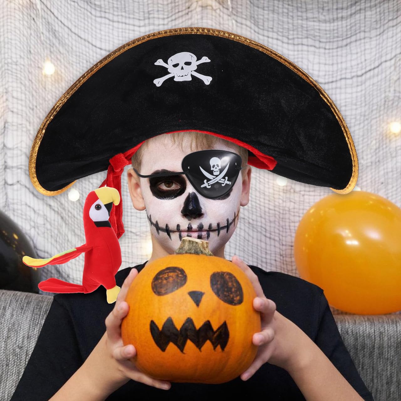 DOITOOL Halloween Pirate Hat with Parrot Eye Mask Set for Kids Pirate Costume Accessory Plush Hat with Realistic Parrot Ornament for Party Role Play - Image 2