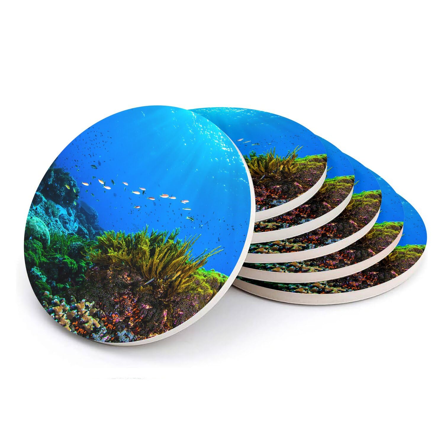 Sous-verre ronds en céramique anti-traces Corail et Poisson pour meuble