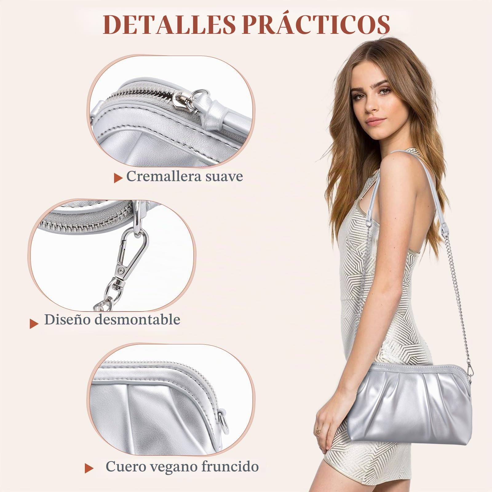 VASCHY Bolso Fiesta Mujer Cuero con Correa de Hombro Extraíble | Bolso Dorado Forma Concha Plisado,Cierre Superior de Cremallera,Bolsillos internos,Uso al Hombro o Cruzado