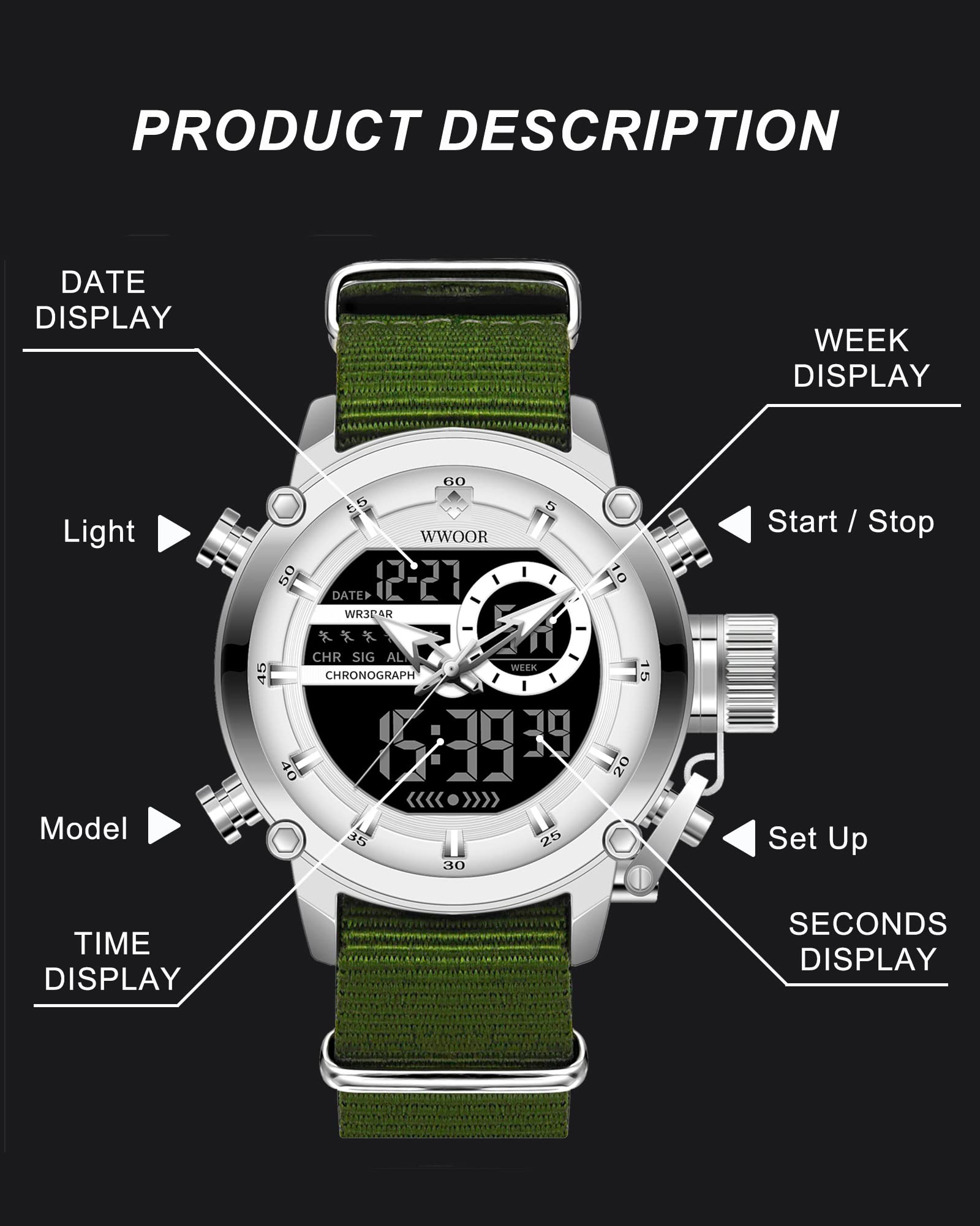 WWOOR Orologio da uomo, sportivo, impermeabile, militare, con data, multifunzione, tattica, orologio da uomo, con sveglia, cronometro, 01-NL-bianco, digitale, al quarzo