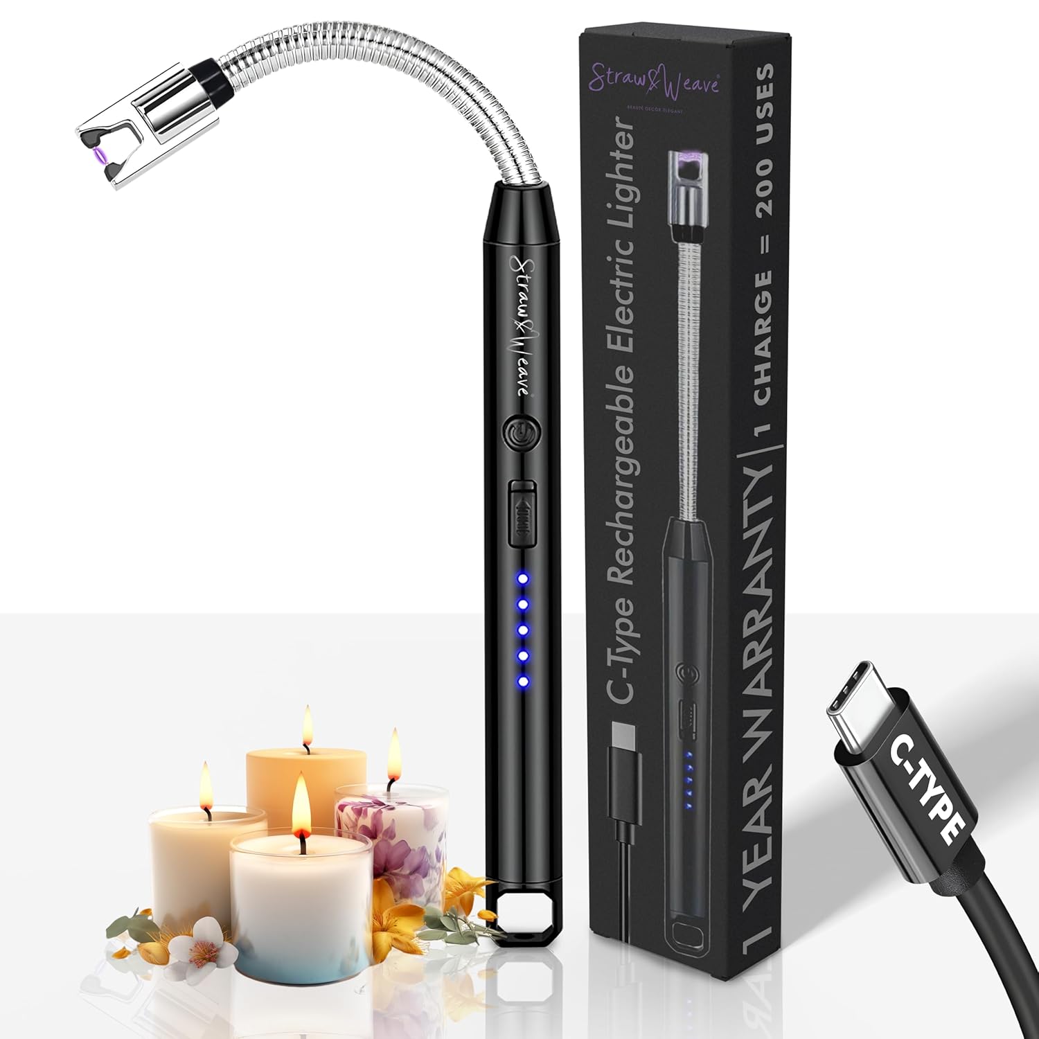 Product image of Rechargeable Electric Gas Lighter for Kitchen, Lighter for Gas Stove, Candles, Pooja, 1 Year Warranty, C-Type USB, Kitchen Tools, Multi Purpose - 360° Flexible & Windproof, Black