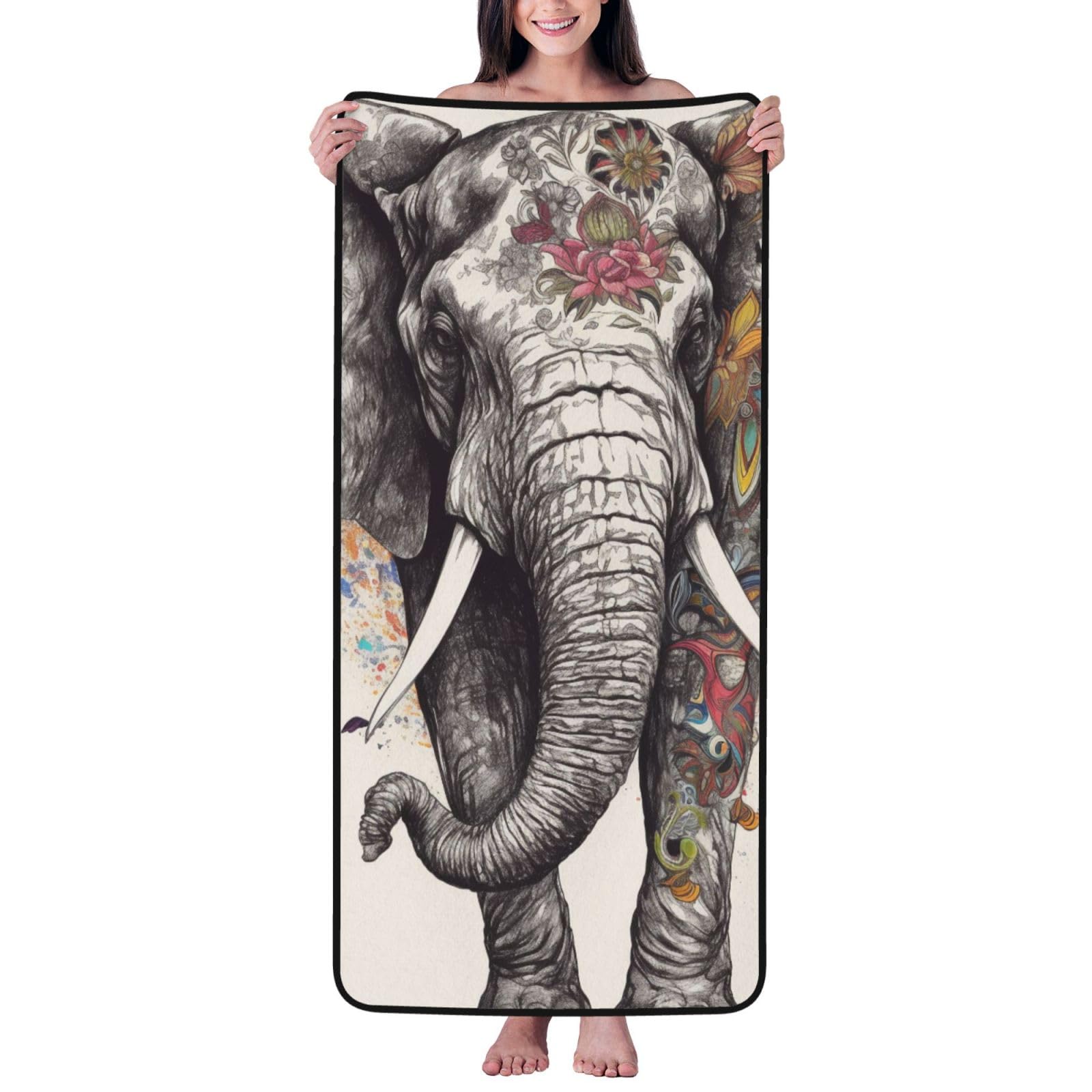 WPKJU Elephant Printed Bath Towel with Black Edging - 27x55 in Soft Extra Absorbent Coral Velvet Shower Towels for Bathroom