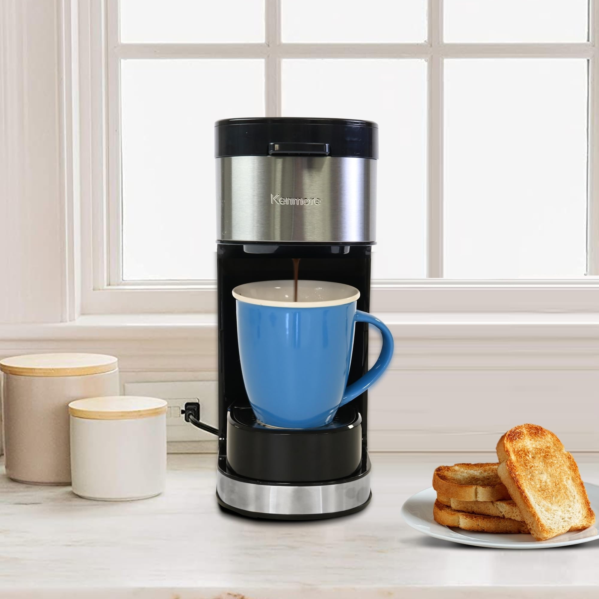 Koolatron Kenmore - Cafetera de una sola porción y taza de viaje de acero inoxidable, cápsula/cápsula y café molido, compatible con K Cup, máquina de café caliente y helado, tamaños de preparación de