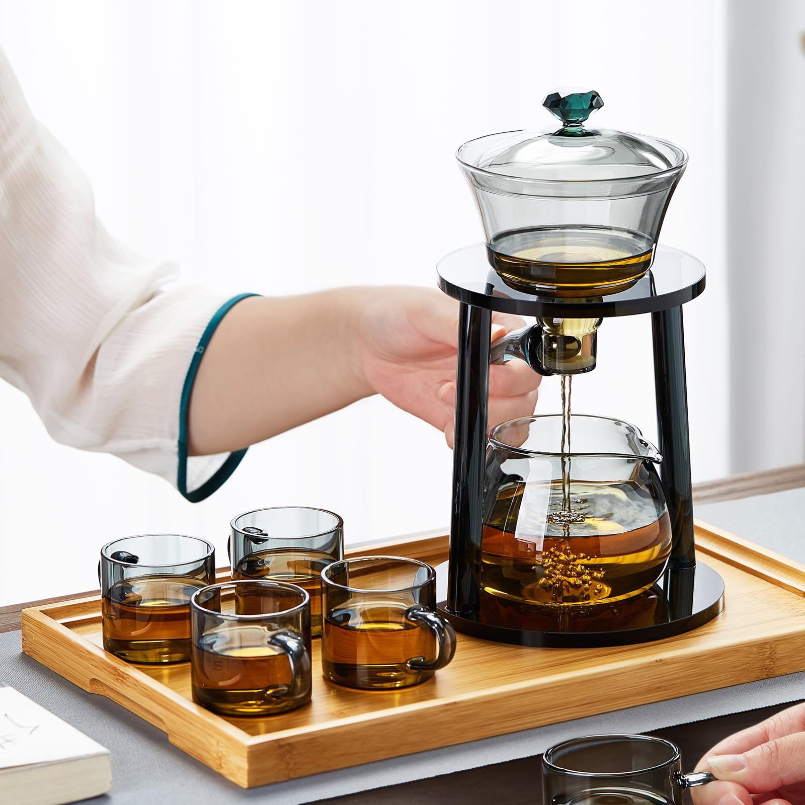 MESNEY Magnetyczny szklany czajniczek z zaparzaczem – półautomatyczny zestaw do herbaty Kungfu, 350ml żaroodporny szklany czajniczek do herbaty liściastej, dziobek bez kapania, elegancki zaparzacz