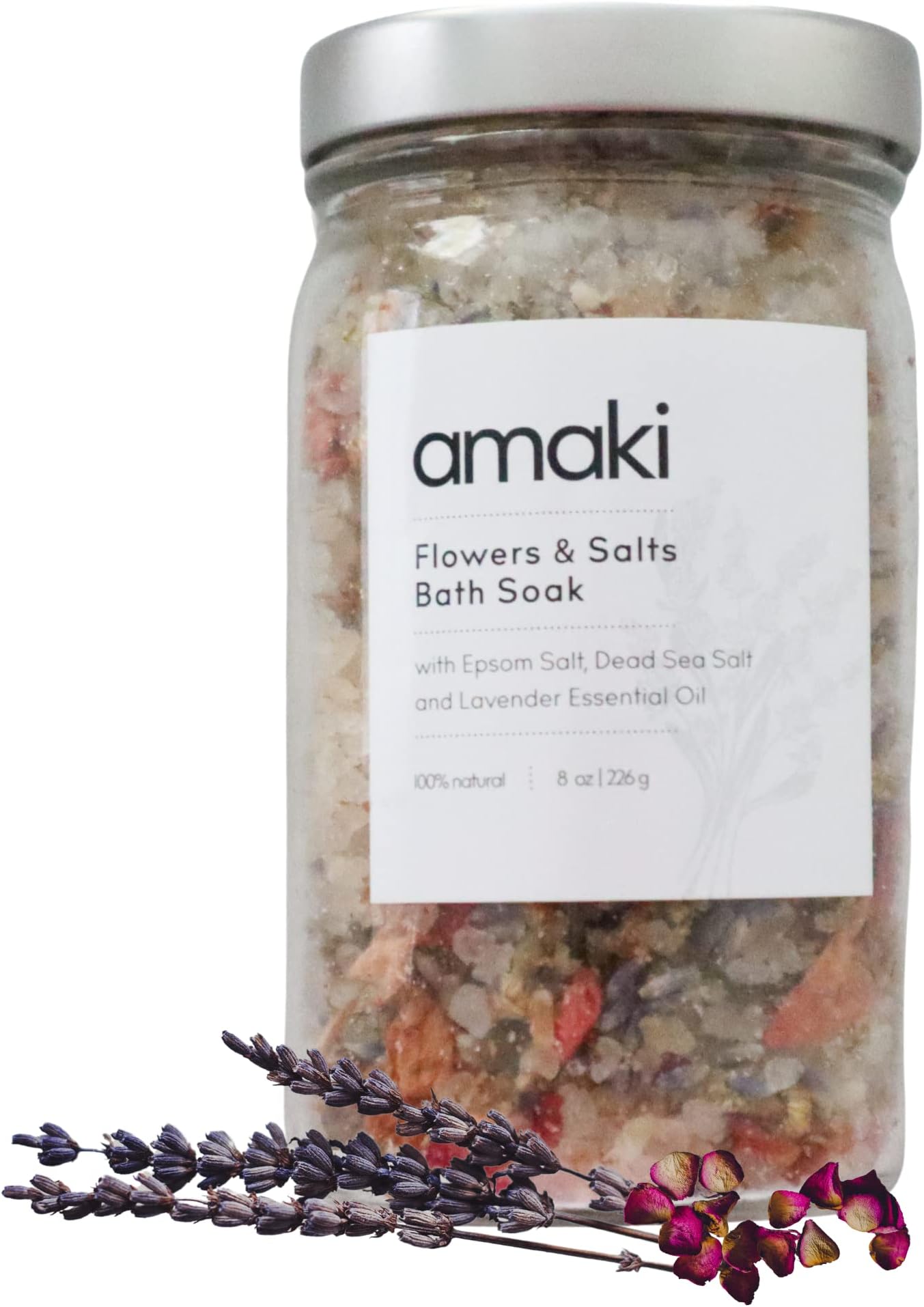Amaki Herbal Bath Soak Blend of Epsom and Dead Sea Salt Infused with Lavender Essential Oil - for Stress Relief, Reduce Sore Muscle, Skin Soothing - Luxury Gift Set of 2, 8 Ounces Jars