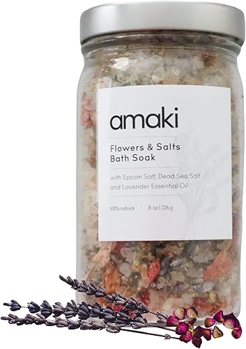 Juego de flores y sales de baño Amaki Skincare con aceite esencial lavanda, pétalos de rosa, lavanda, caléndula y flores de manzanilla (2 paquete),