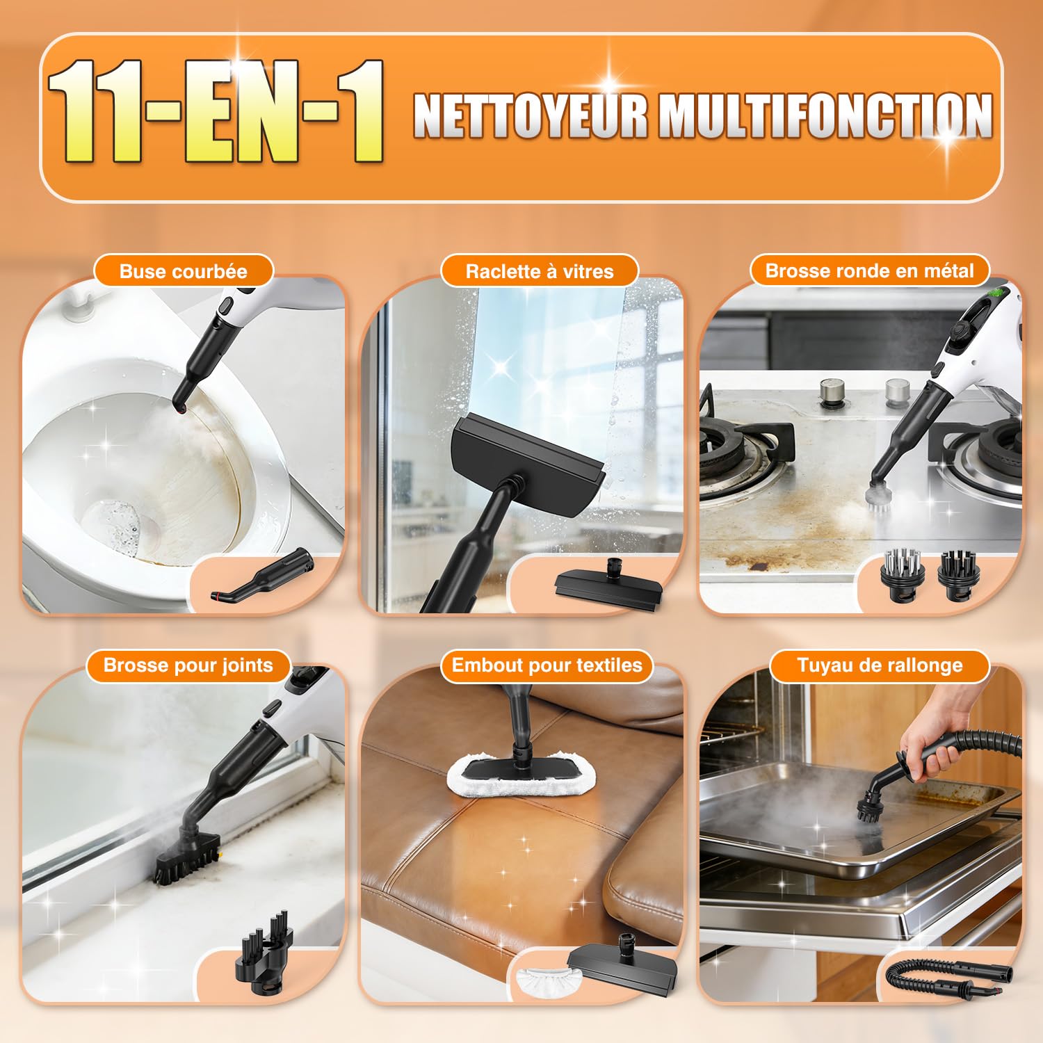 Pulitore a vapore portatile, detergente a vapore multifunzione 1500 W con riscaldatore in 10 s, serbatoio 450 ml, 11 accessori per cucina, bagno, vetri, guarnizioni, divano e auto