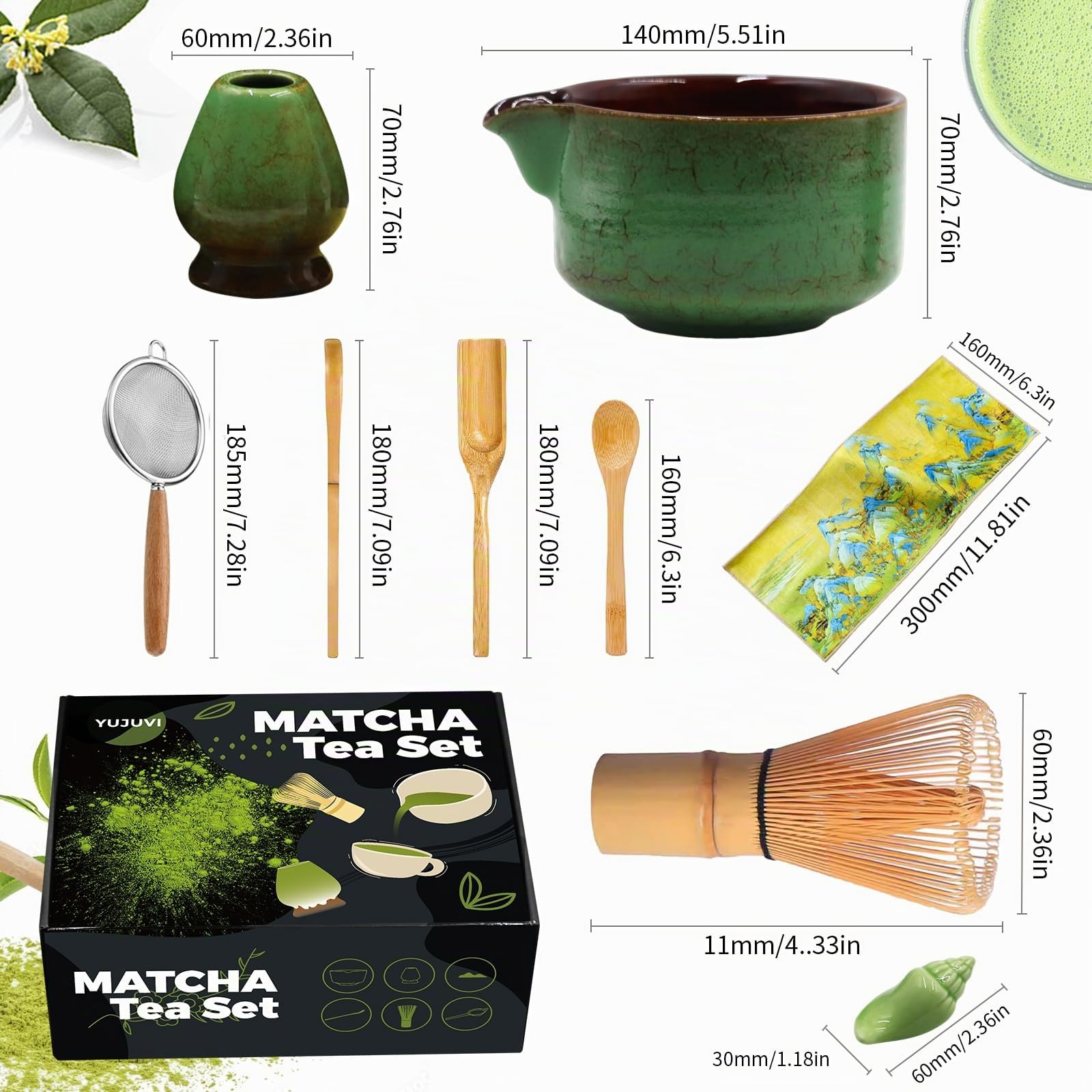 Matcha kit Matcha Whisk Set Accessoire de cérémonie du Matcha Japonais 9 pièces Bol Matcha avec Bec Fouet au Matcha Ouillère à Thé Kit de Fabrication de Thé (Vert Magique kit)
