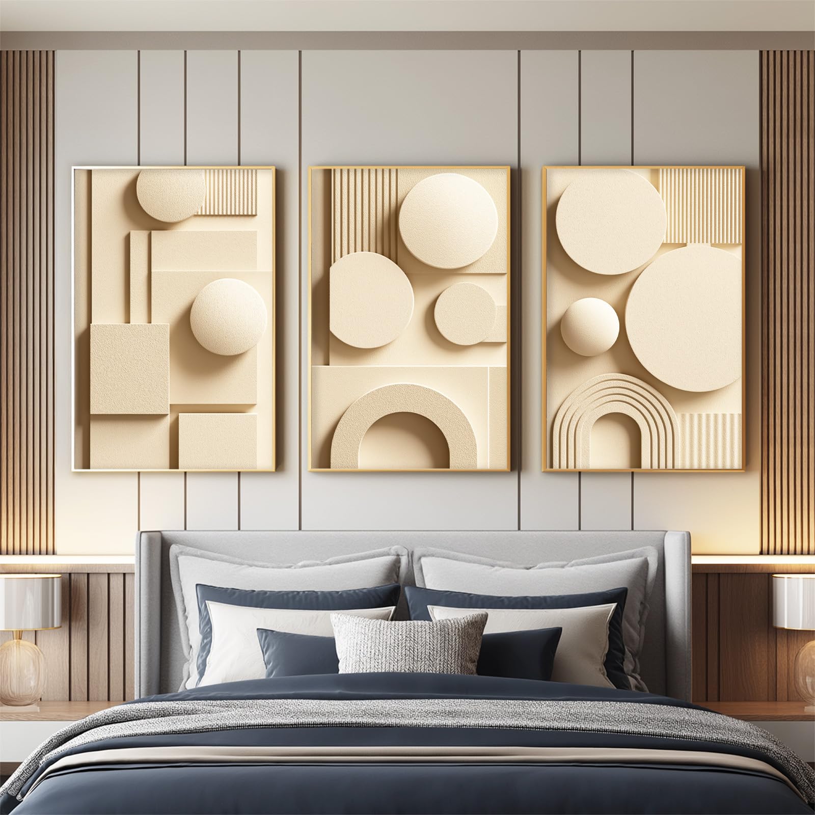 3 szt. Wydruk na płótnie, nowoczesna geometryczna dekoracja ścienna, relief beżowy okrągły plakat obrazy do salonu sypialnia dekoracja biurowa 40 x 50 cm