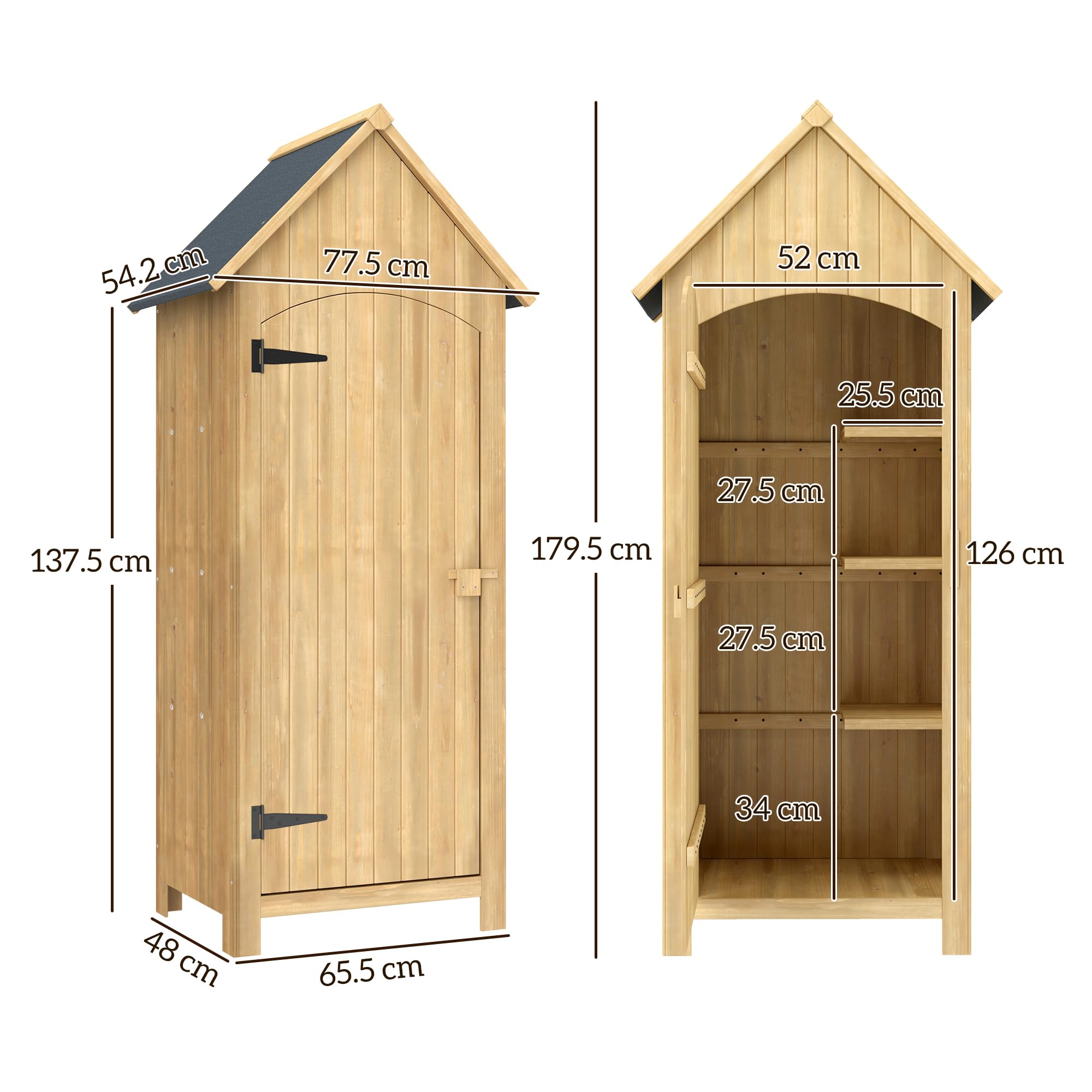 Outsunny Capanno Porta Attrezzi da Giardino in Legno di Abete con 3 Ripiani, Casetta Attrezzi Giardino con Tetto Inclinato Impermeabile per Terrazza Patio, 77.5x54.2x179.5 cm, Color Legno