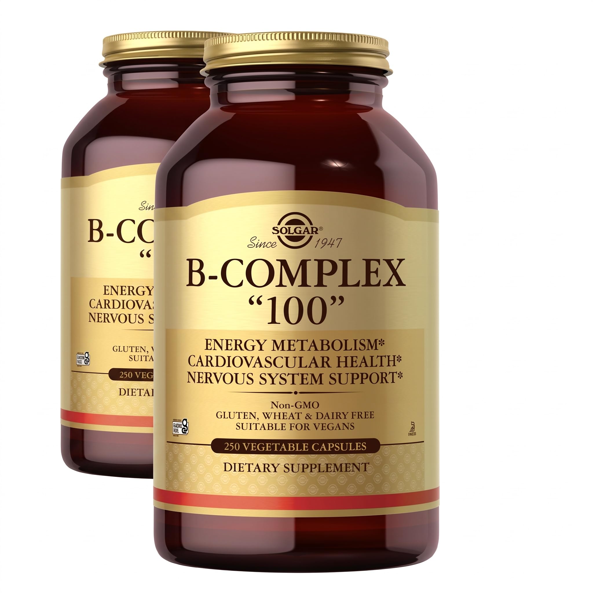Solgar B-Complex 100",250 Vegetable Capsules - Nervous System Support - Supports Energy Metabolism - Non-GMO,Vegan,Gluten Free,Dairy Free,Kosher - 250 Servings,