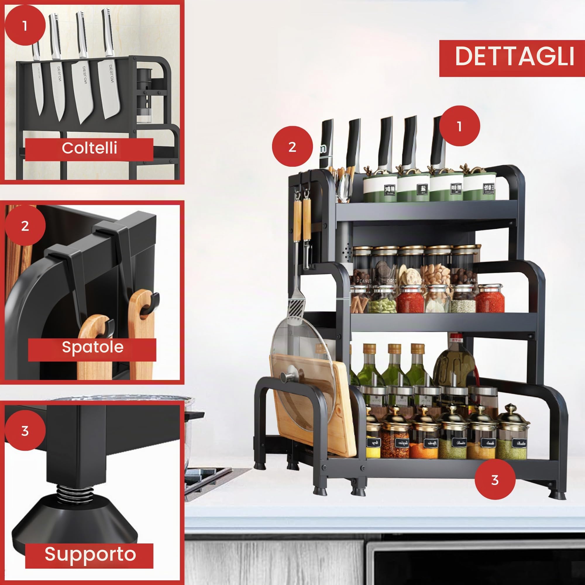 MAGIC SELECT 𝗢𝗿𝗴𝗮𝗻𝗶𝘇𝘇𝗮𝘁𝗼𝗿𝗲 𝗱𝗶 𝗦𝗽𝗲𝘇𝗶𝗲, Portaspezie da Cucina a 3 Livelli, Portacondimenti per Conservare Barattoli, Erbe e Stoviglie per la Dispensa, Acciaio al Carbonio.