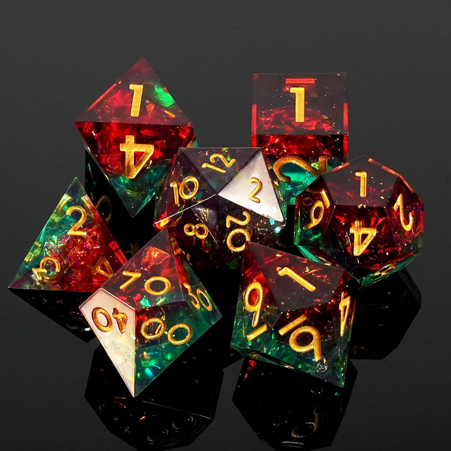 DND Dice Set Sharp Edged Dice Set of 7 DND Faceted Dice Golden Numbers and Beautiful Iron Box Perfect for Dungeons & Dragons RPG and Board Game(Red Green and Gold)