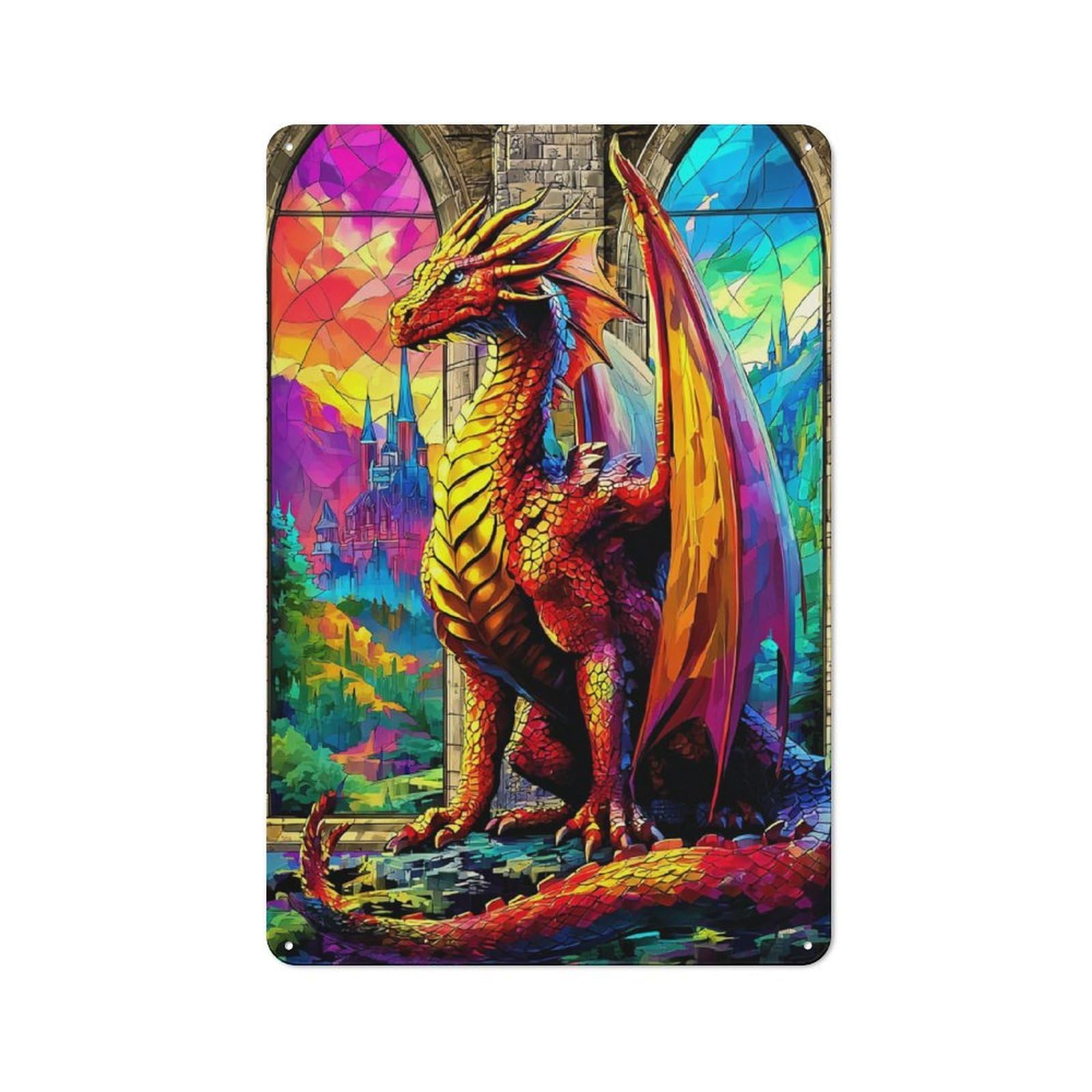 Tin Wall Plaque 30x20cm with Stained Glass Dragon Majesty -7 for Garage Or Workshop, for Living Room, Hallway And Entrance Wall Decor