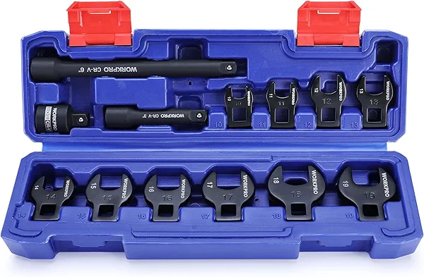 WORKPRO 3/8" Drive Crowfoot Wrench Set, 13 Pcs Metric Crows Foot Wrench Set with 2 Extension Bars, 1/2'' to 3/8'' Adapter, and Portable Storage Box, 10mm to 19mm, Access Fasteners in Tight S