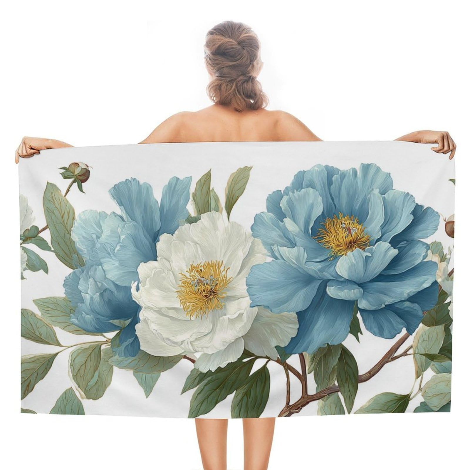 asbwuo Blue White Peonies Green Leaves Watercolor Beach Towel