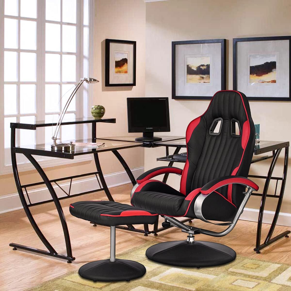 Red Black Executive Chair Reclining High Back Office Chair Adjustable Recliner Swivel Lounger with Padded Armrest, Footrest Stool, for Home Office