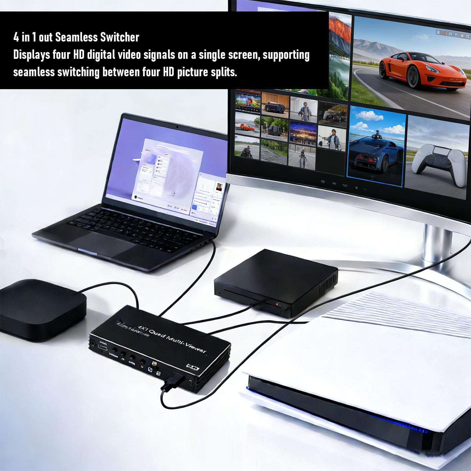 Multiviewer HDMI, commutatore di visualizzazione a quattro schermi 4 in 1, switcher senza interruzioni, supporta 4K 30Hz con telecomando e cavo di alimentazione.