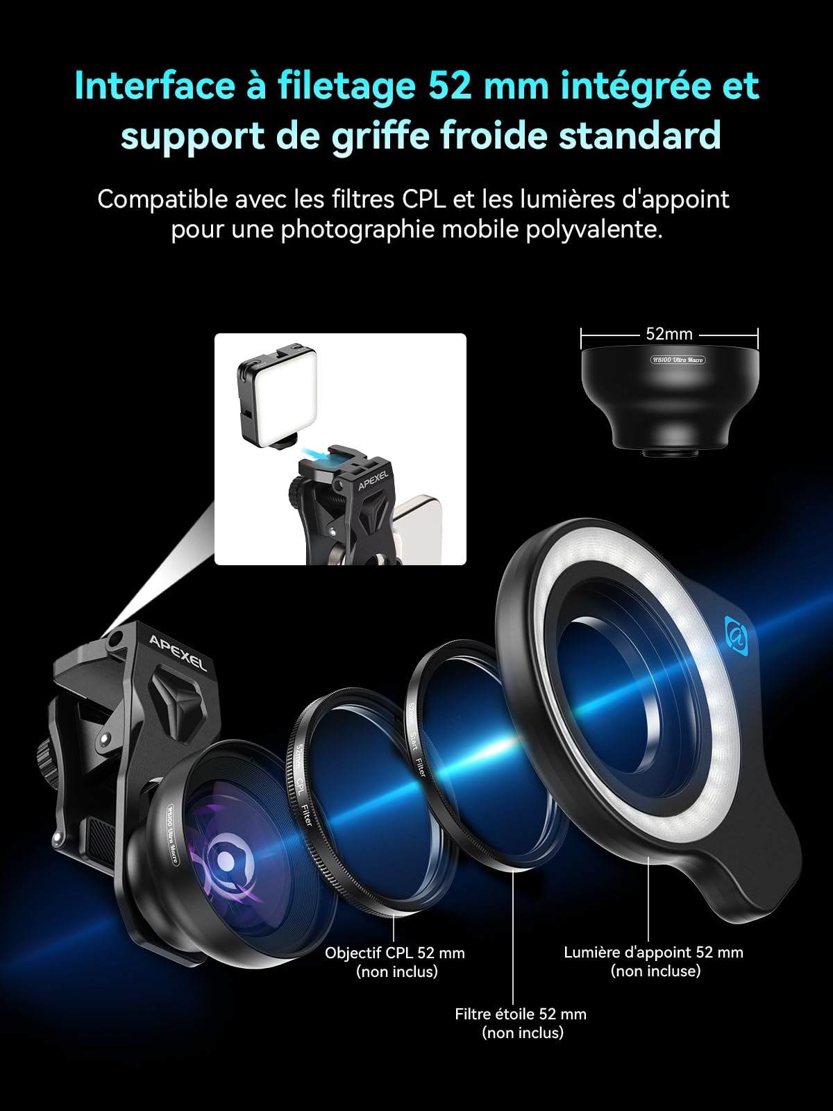 Objectif Macro APEXEL HB100Ultra pour iPhone, Clip pour Appareil Photo de Téléphone iPhone, Samsung, Pixel