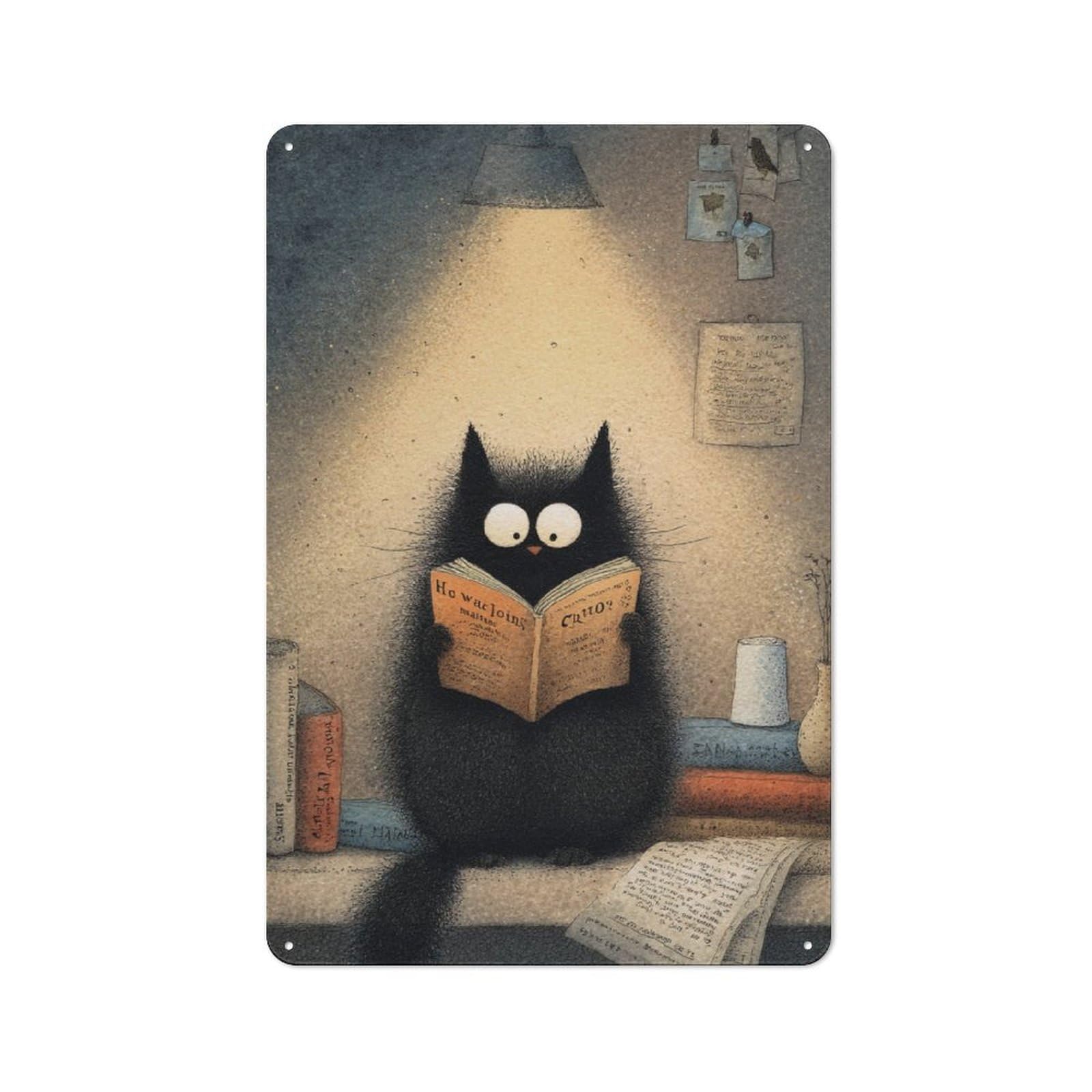 Junmoney Whiskered Wisdom A Cat's Literary Night Rustic Metal Sign 30X20cm For Café Or Restaurant, For Vintage Wall Decor Fans, For Living Room And Hallway Decor