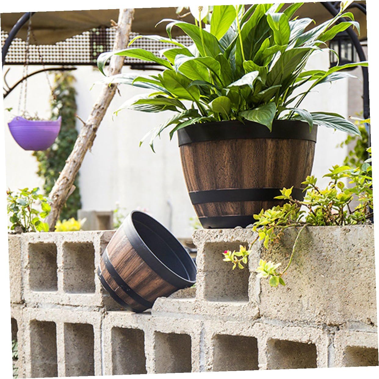 Drewniana donica z tworzywa sztucznego, okrągła doniczka hydroponiczna, 30 cm, bez otworów odpływowych, idealna na balkon, patio, do biura, ogrodnictwa, do użytku wewnątrz i na zewnątrz