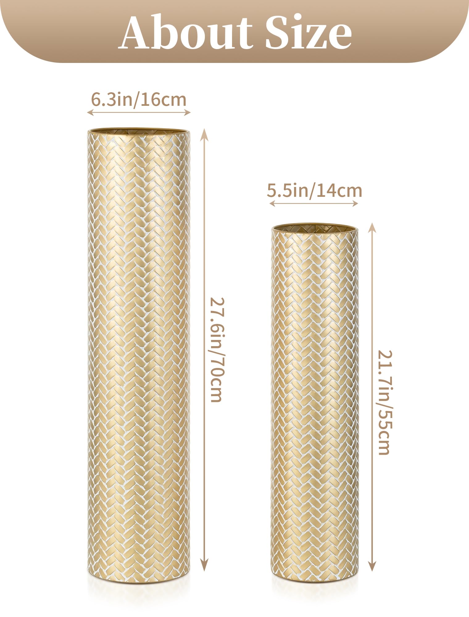 Sziqiqi Vaso da Terra Alto Oro: Vasi Alti Extra Grandi Per Soggiorno 70/55 cm - Metallo Vaso da Pavimento Giganti Alti Set di 2 per Camera da Letto Ufficio Corridoio