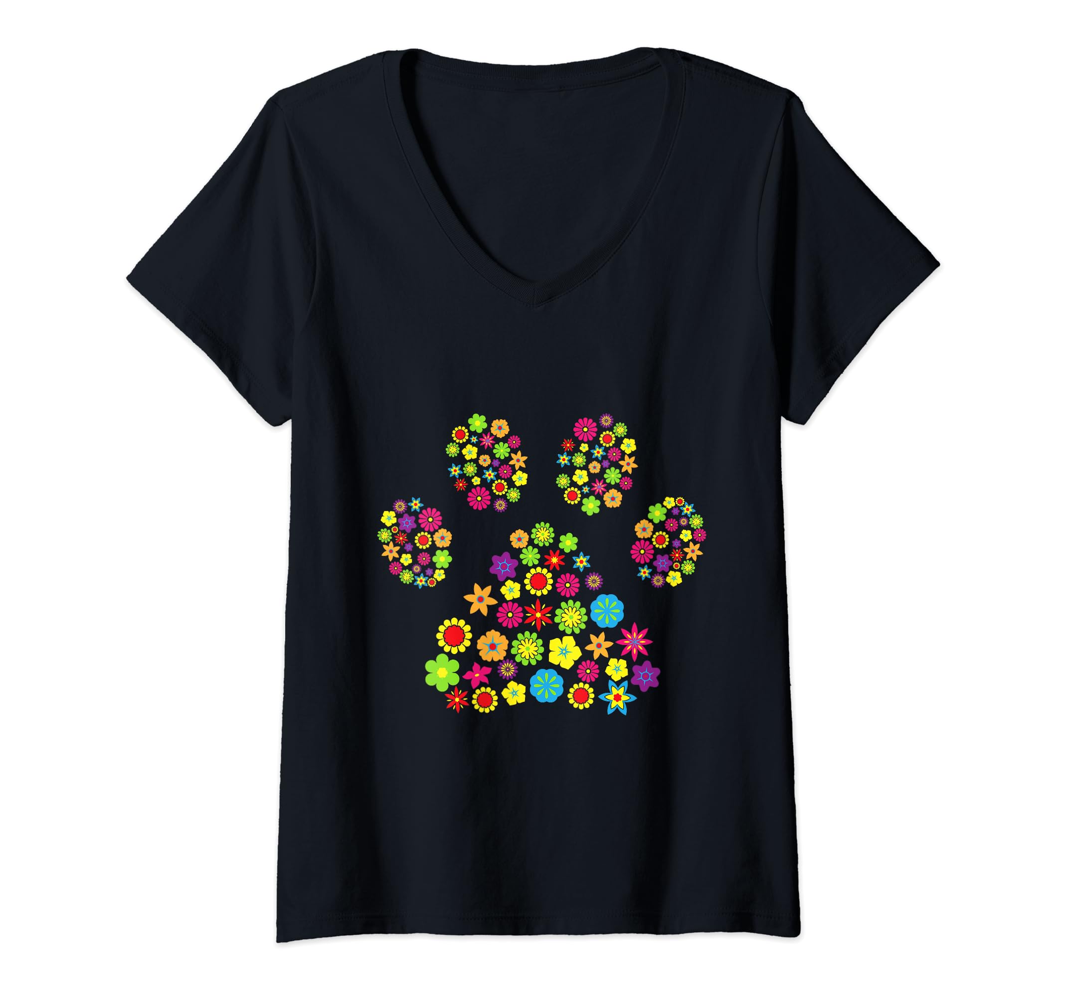 Womens Dog paw flowers dog mom miss Dog Lovers Bello V-Neck T-Shirt, Black