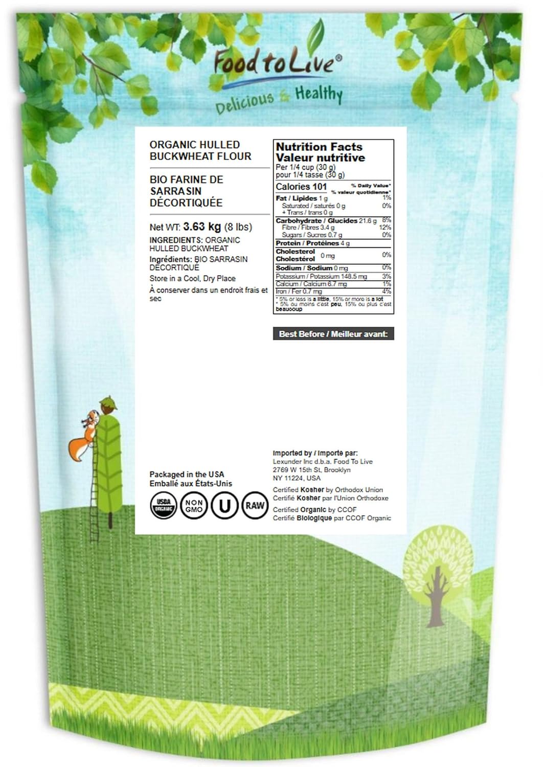 Food to Live Organic Hulled Buckwheat Flour, 8 Pounds Non-GMO, Finely Milled Raw Groats, Kosher, Vegan Powder. Good Source of Fiber, Protein. Wheat Flour Substitute. Great for Pancakes, Noodles - Image 2