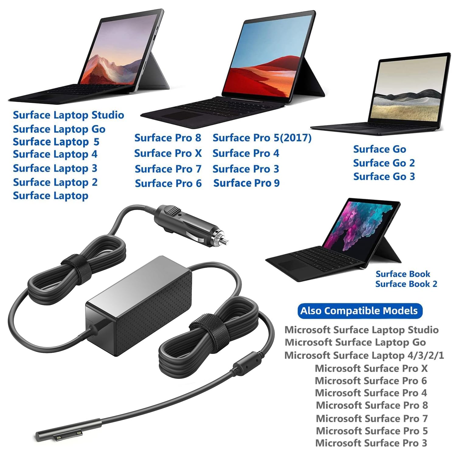 TAIFU DC 15V 100W Caricabatteria da auto per Microsoft Surface Pro 9 8 7 7+ 6 5 4 3 Surface Laptop 5 4 3 2 1 Surface Go 3 2 1 Surface Book 3 2 1 Surface Studio 2 1 Surface Hub 2S Cavo Alimentazione