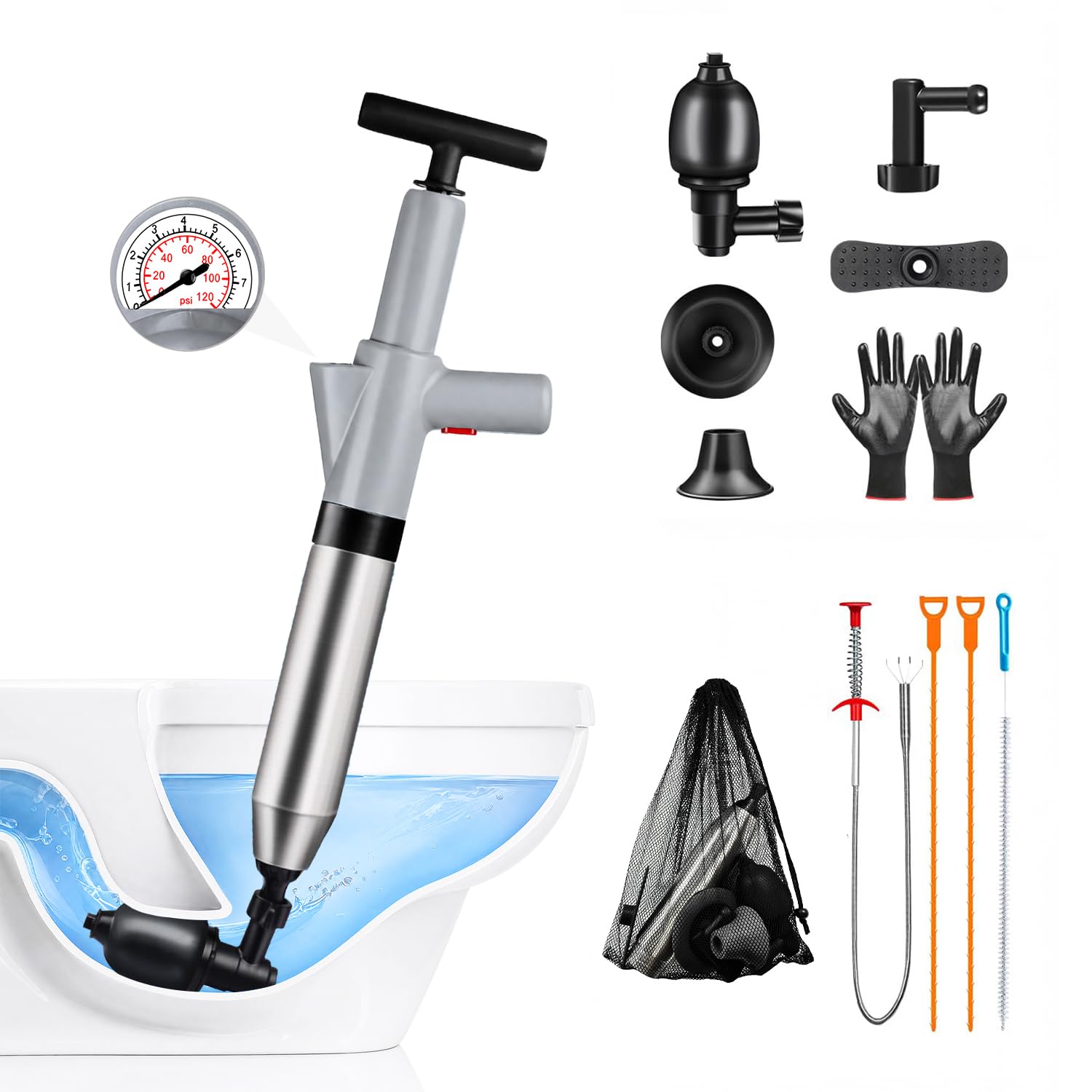 Fast Toilet Plunger High Pressure with Storage Bag, Heavy Duty Air Drain Blaster &amp; Unclogger Tool, Clog Remover Kit &amp; Toilet Snake Alternative for Bathroom, Toilets, Sinks, Tubs, Pipes (Gray)