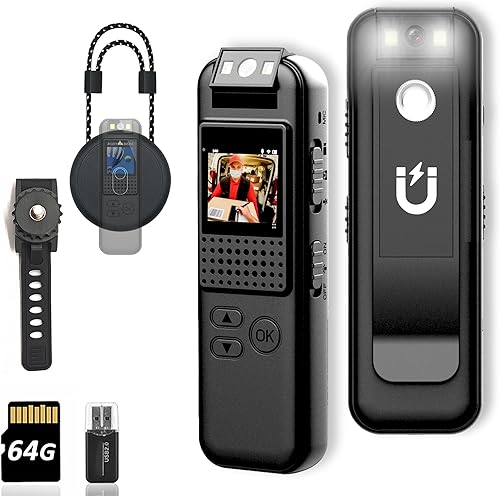 ActualizadaMini cámara corporal con grabación de video y audio, 64G 1080p, mini cámara de policía usable para el cuerpo, videocámara personal