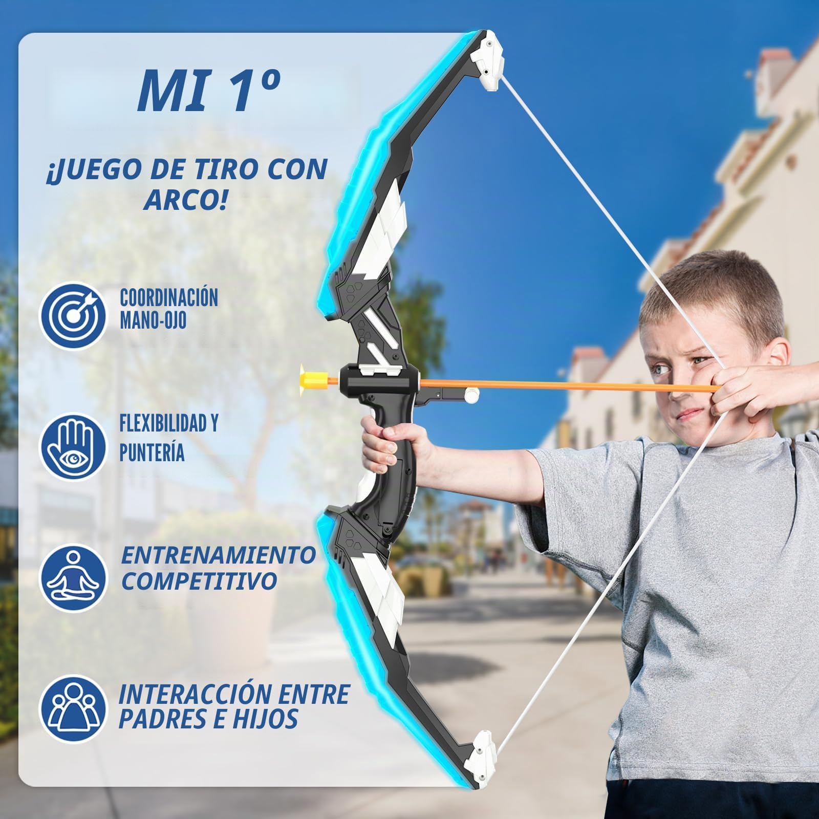 HYES Arco y Flechas para Niños, Juguetes de Tiro con Arco con Flechas de Ventosa, Objetivo de Pie Móvil, Soporte de Flecha y Objetivos de Puntuación, Juguete Regalo para Interior y Exterior