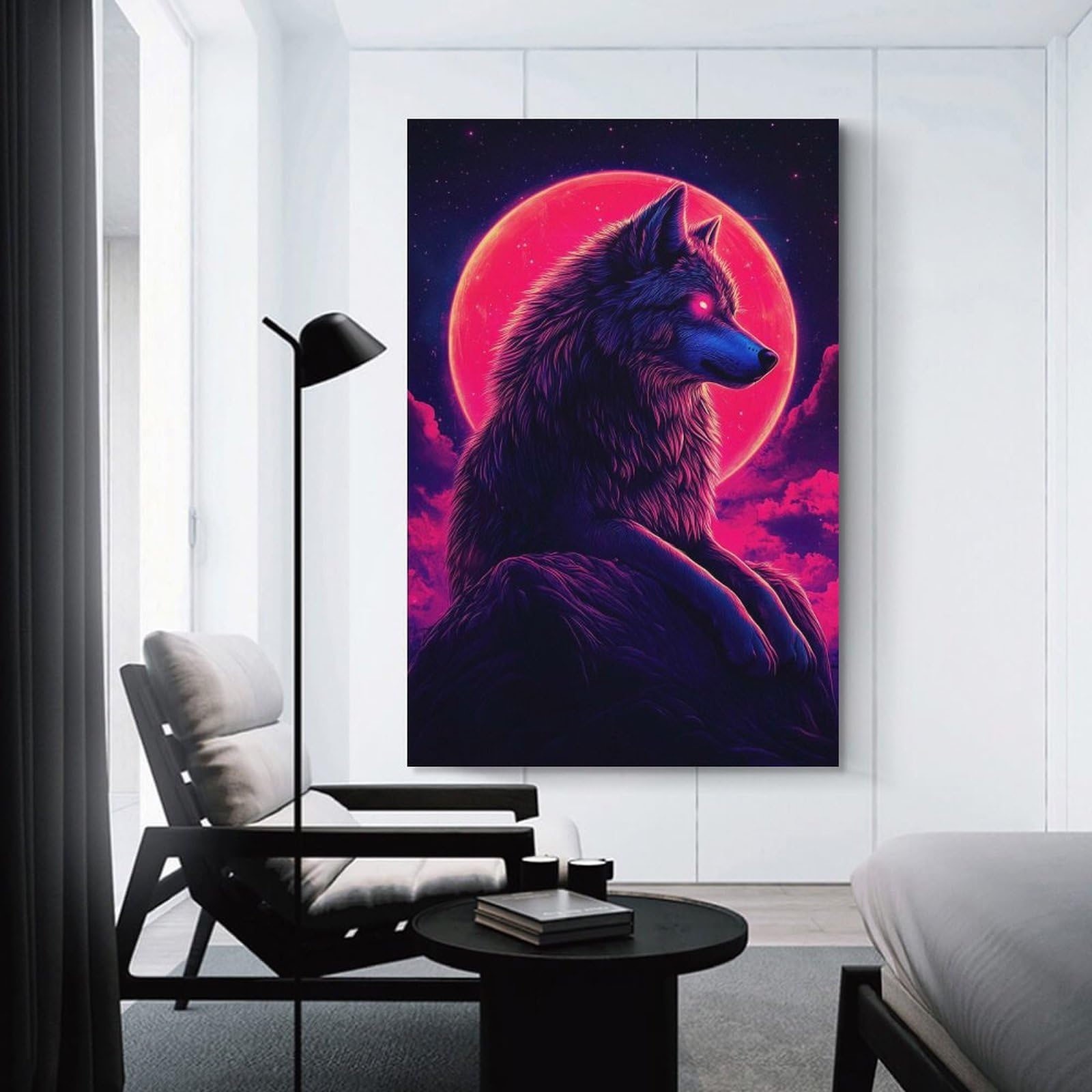 Junmoney Canvas Art Print Neon Wolf with Red Moon, 12x18inch(30x45cm), for Office, Study Or Home Workspace, Home Office Artwork with Decorative Appeal