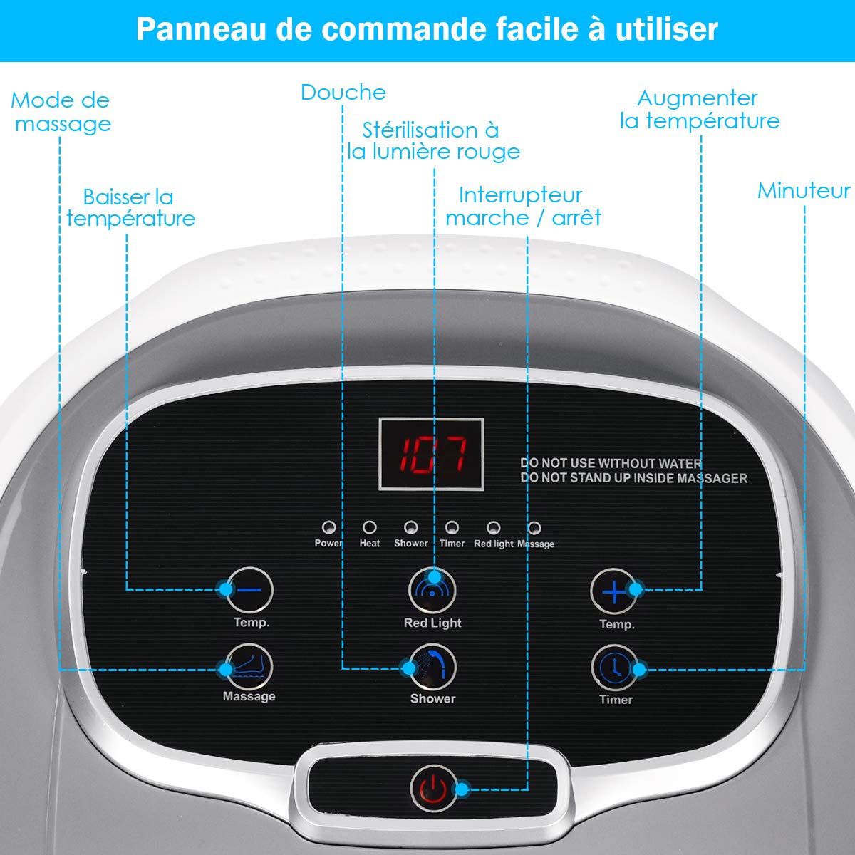 GOPLUS Bain de Pied Massant Chauffant avec Lumière Rouge et Fonction de Douche, Vibrant avec Bulles, Bain de Pieds Électrique avec Température et Temps Ajustable, 6 Rouleaux de Massage, 4 Roues (Gris)