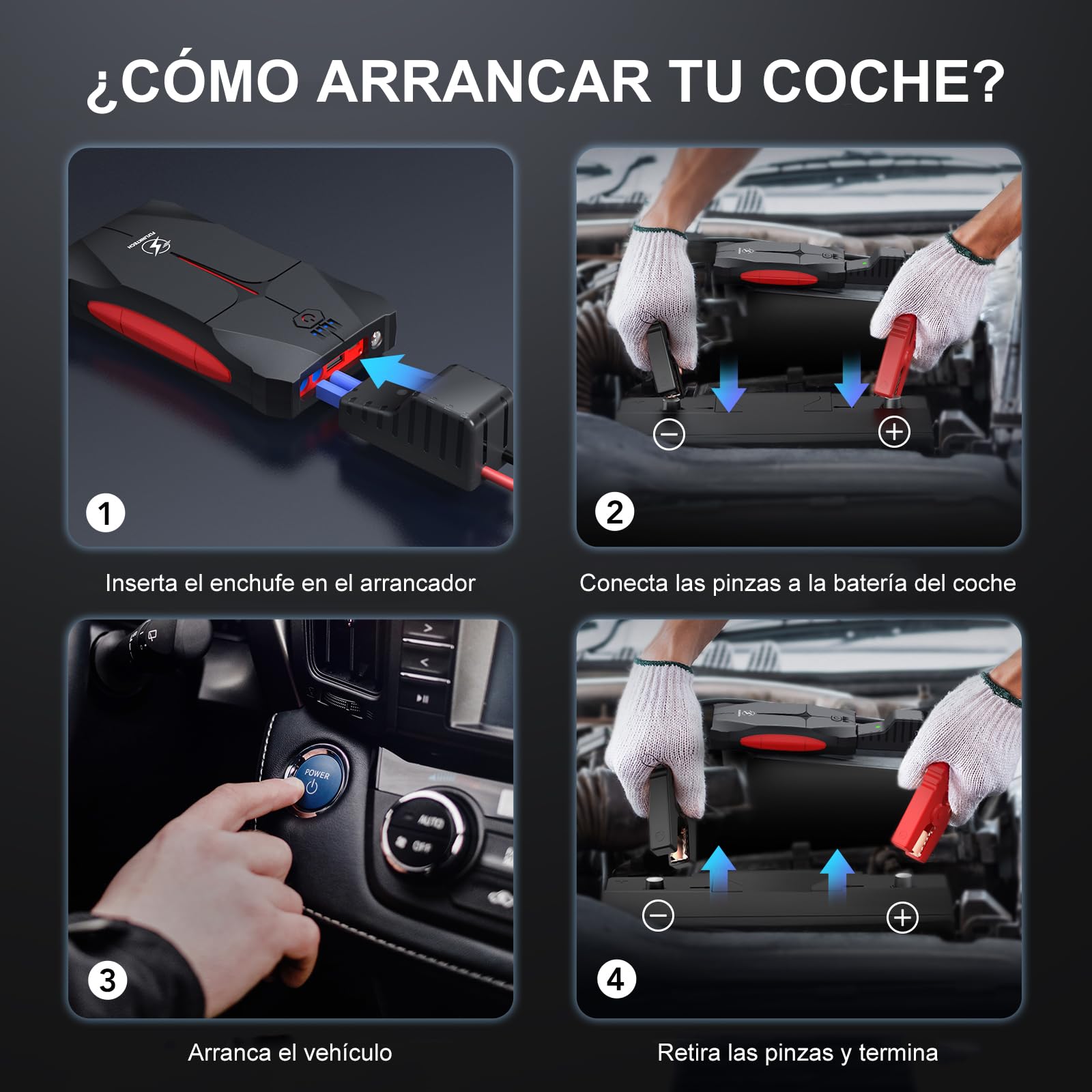 FLYLINKTECH Arrancador de Coches, 4000A 13200mAh Arrancador de Baterias de Coche (hasta 9.0L Gas o 8.5L Diesel), 3 Modos Linterna LED, Puerto USB