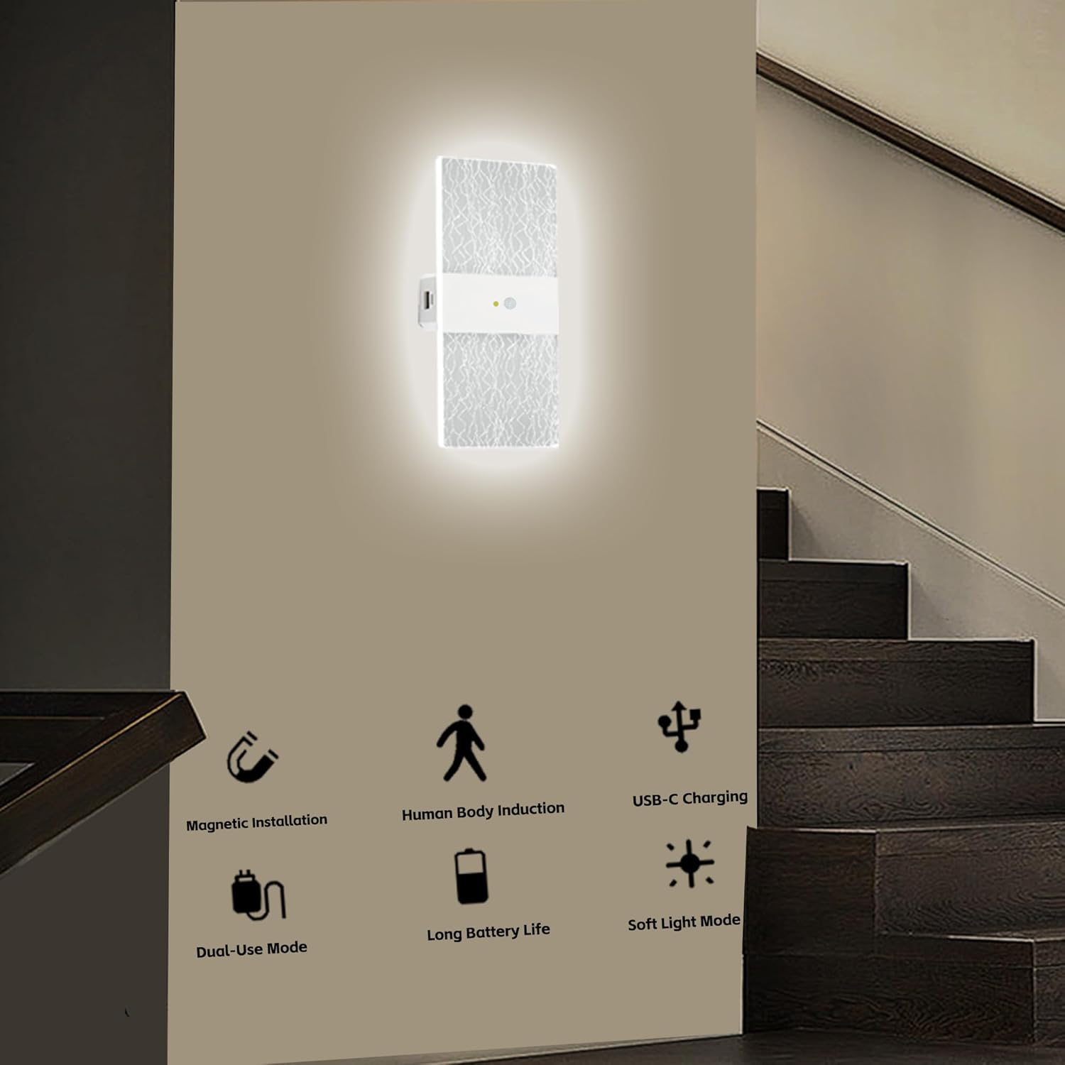 Sensor Control Battery Operated Wall Sconces,Wall Lamps Set of Two for Living Room Bedroom Hallway,USB-C Rechargeable,Magnetic Installation,Motion-Sensing Control Switch,White Light