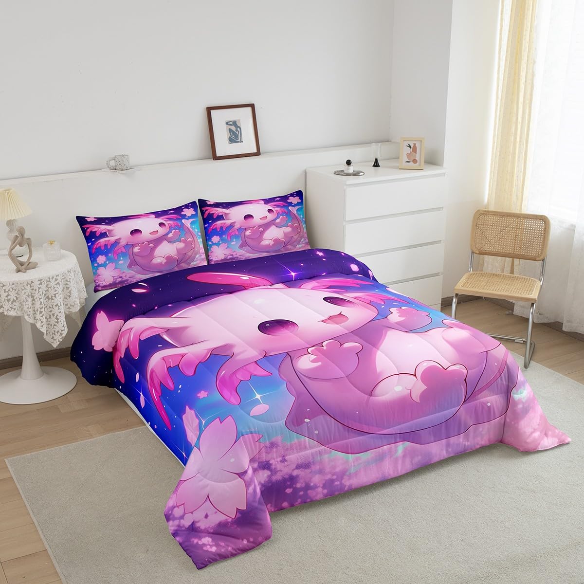 Feelyou Cute Axolotl Bedding Set Boys Girls Twin Size Cherry Blossoms Comforter Set for Kids Women Men Ultra Soft Cartoon Salamander Comforter Kawaii Ocean Sealife Duvet Set Room Decor