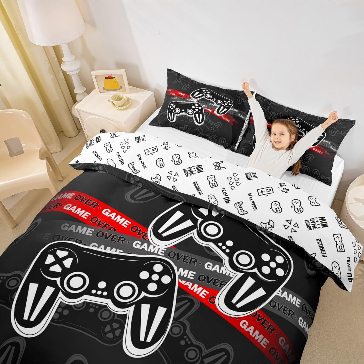 Homemissing Set di biancheria da letto con copripiumino nero per bambini, ragazzi, ragazze, adolescenti, decorazione per la stanza dei videogiochi, con 2 federe, motivo: gamepad