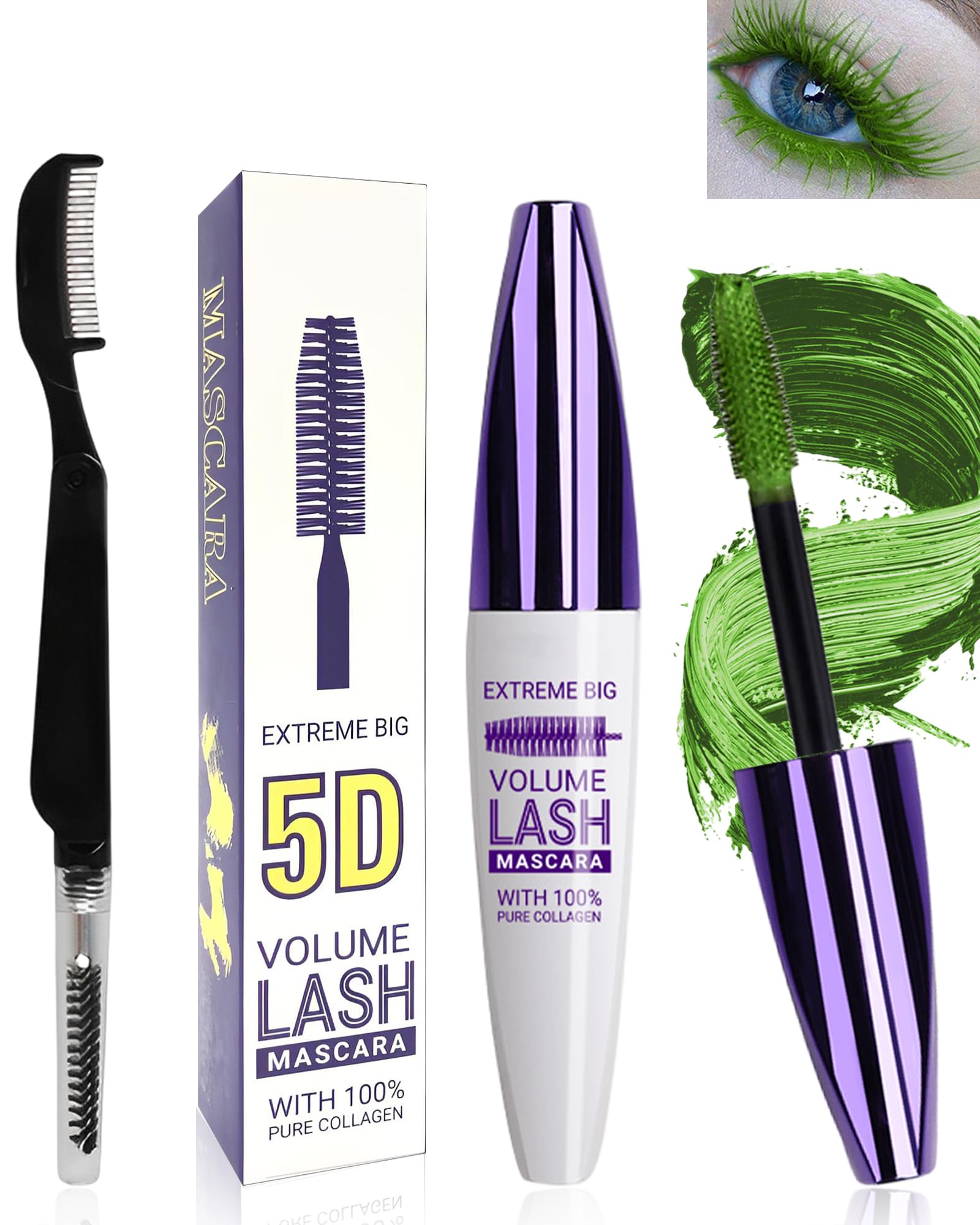 5D Verde Fibra de Seda Pestañas Rímel Impermeable con Cepillo Peine de Pestañas, Verde Telescopic Waterproof Colored Mascara Extensible, Voluminosa, Duradero, Cosplay Fiesta Colorido Ojos Maquillaje