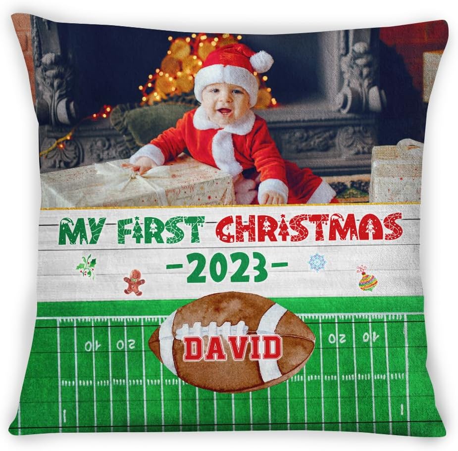 Personalized Square Pillow for Baby Infant from Daddy Ideas My First Christmas Football Future Football Player Custom Name & Photo Double Sided Cushion On Christmas