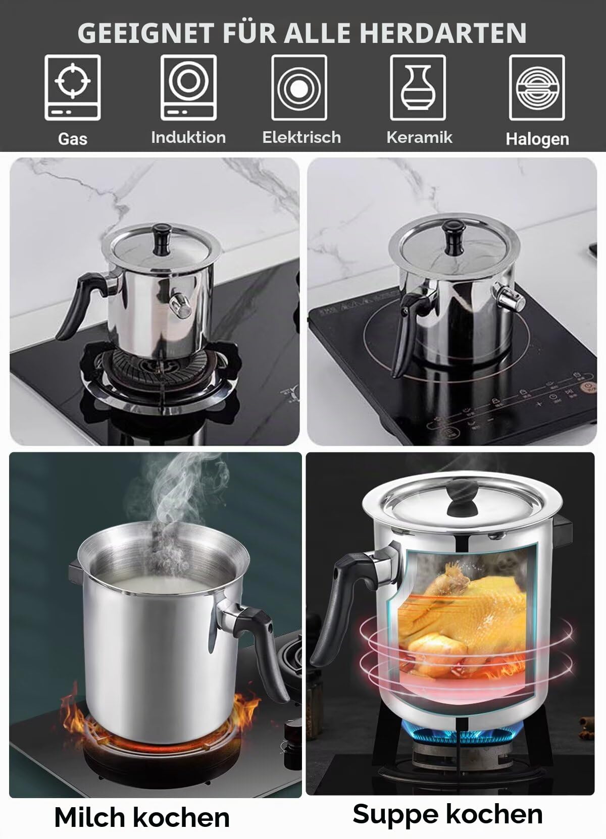 Doppelschichtiger Milchtopf aus Edelstahl 304,3-Liter-Suppentopf mit konstanter Temperatur für Induktionsherd und Gasherd,automatischer Milchtopf mit Pfeife,Verbrühungsschutzgriff