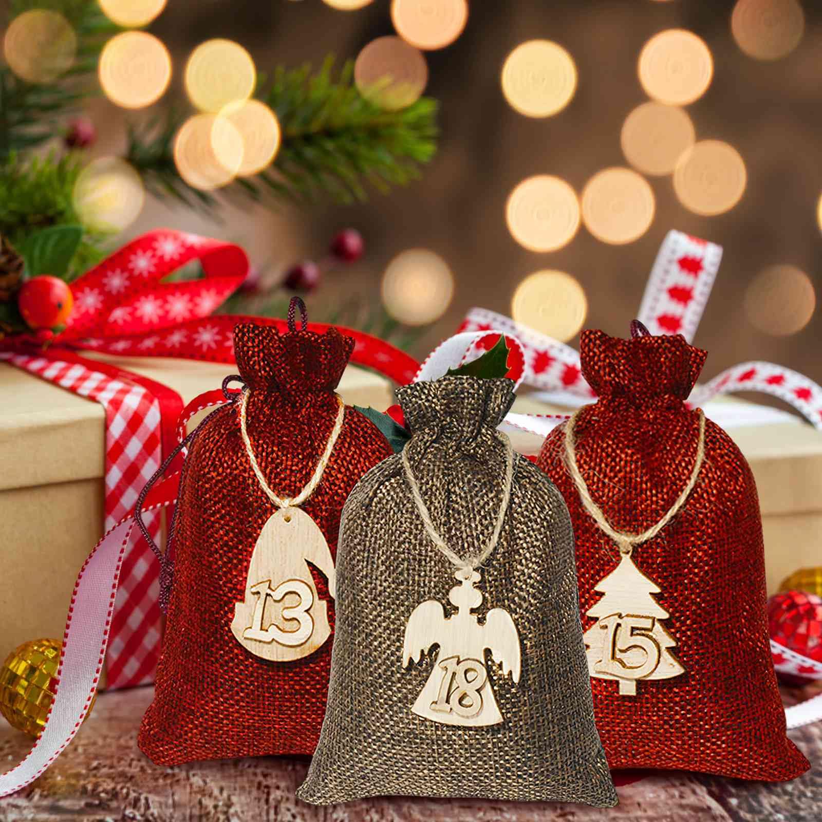Set 24 Sacchetti Regalo Natale Con Calendario Avvento - Coulisse, Etichette In Legno, Corda Di Canapa, Per Decorazioni Fai Da Te