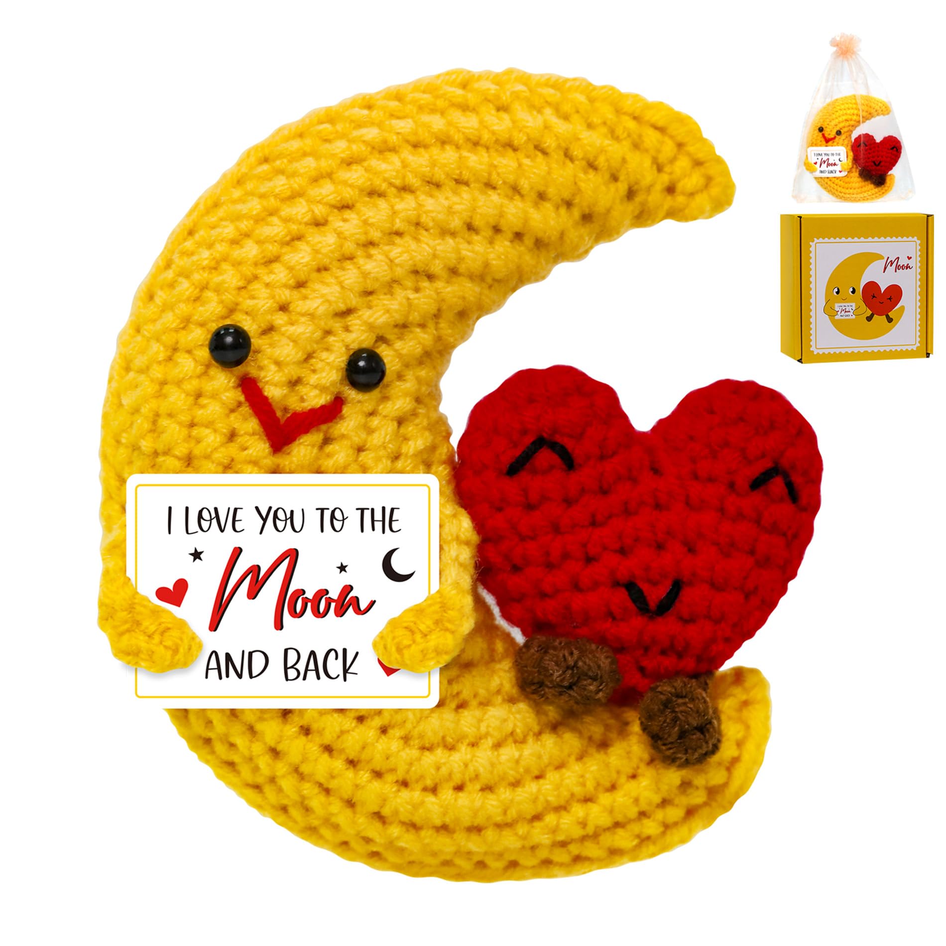 Crochet Moon Heart Mother's Gift – Handmade Crochet Pocket Hug Heart I Love You Mum Gift for Women Couples Best Friend Her Him Boyfriend Anniversary Wedding Mother's Day Decoration