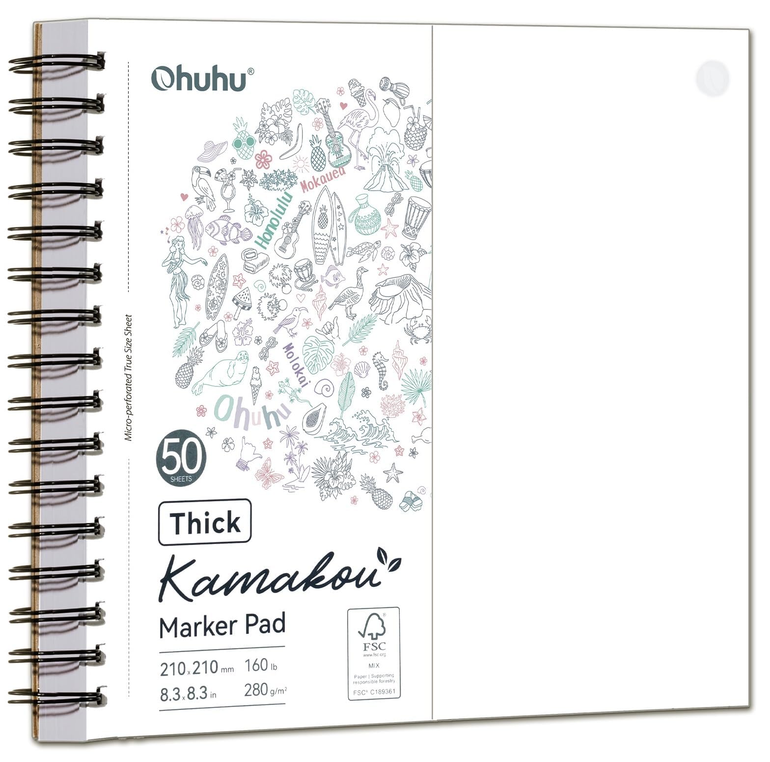Ohuhu Doppelseitiges Skizzenbuch - Ohne Durchdrücken, 280 g/m² superdickes Papie (50 Blatt/100 Seiten), Spiralgebundener Zeichenblock für Alkoholmarker Aquarell, Illustration & Skizzen, 21x21cm
