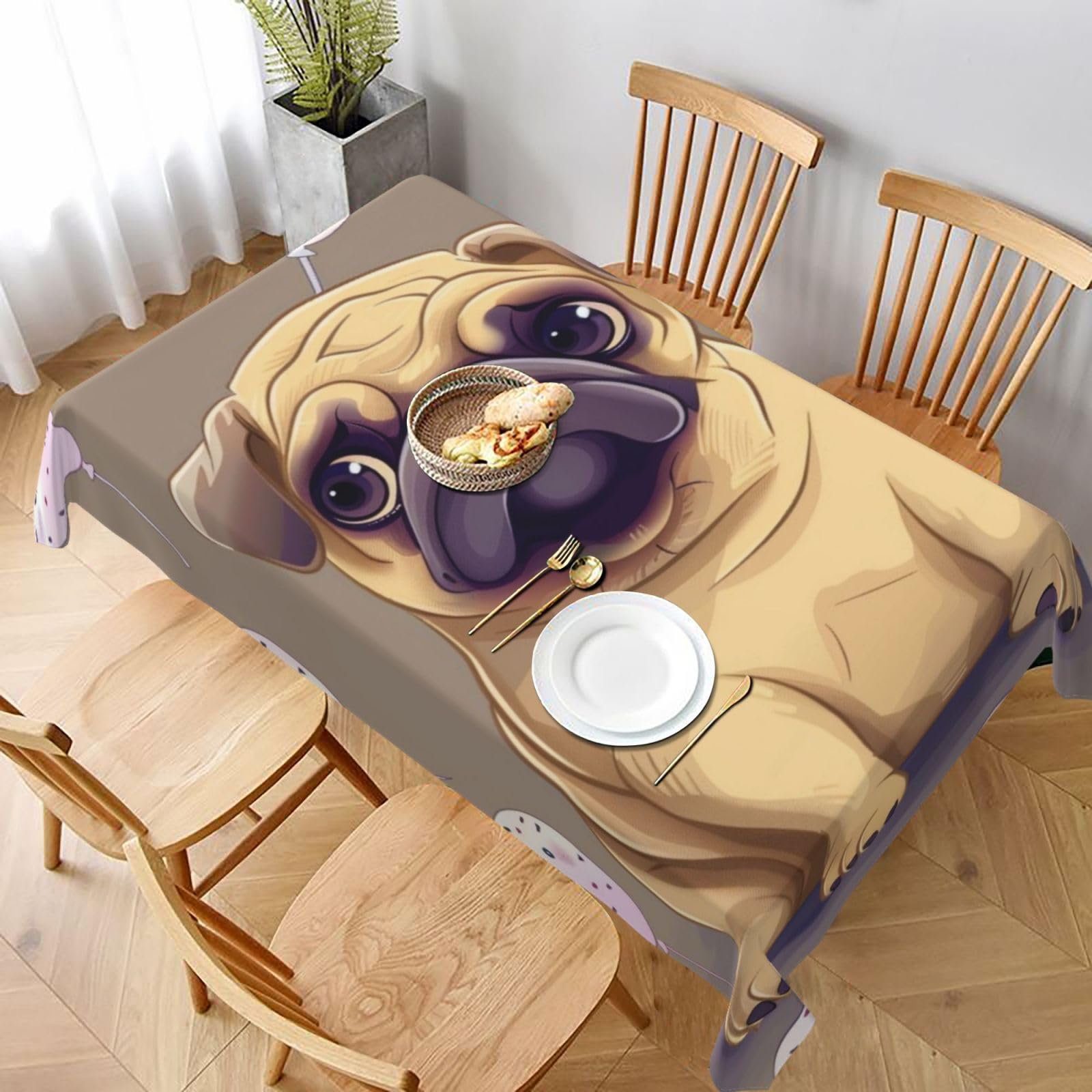 WPKJU Funny Cartoon Pug Puppy Dog Printed Tablecloth 60x90 in Water Resistant Table Cover Washable Rectangle Table Cloth for Dining Tables