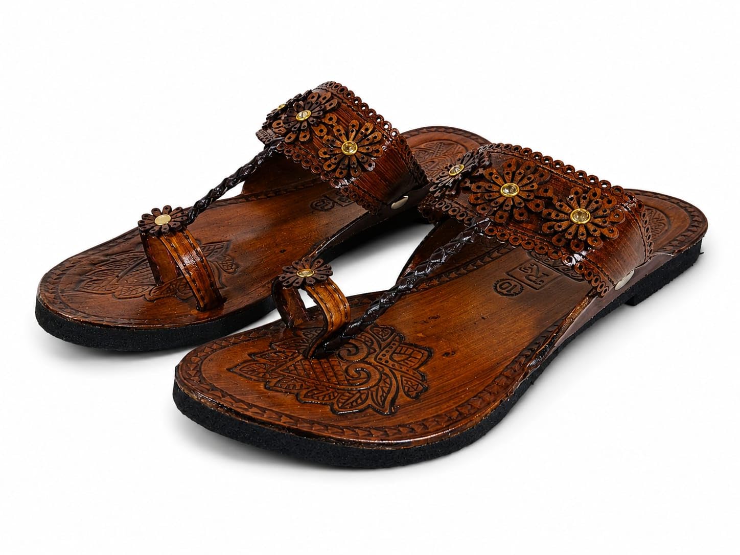 Pure Leather Handmade Women Flower Kolhapuri Sandals | Handcrafted Ethnic Flat Chappal | Traditional Open Toe Slip-On Footwear | Comfortable Casual-picture-22