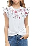 Girls Shirt - Short-Sleeve Twist Front T-Shirt for Girls with Cute Flying Sleeves - Summer Blouse Tunic Tee Tops