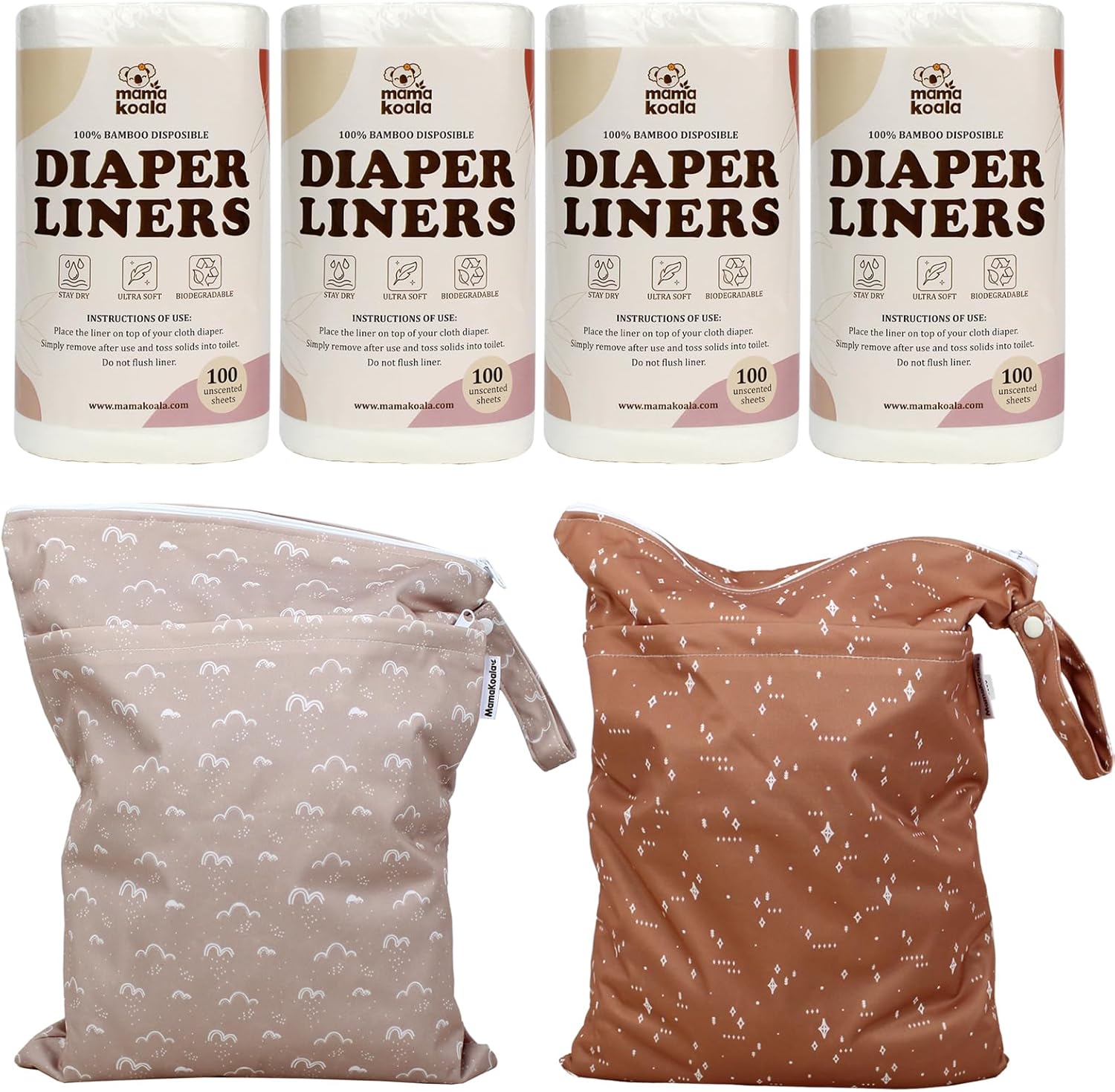 Mama Koala 4 Rolls Disposable Natural Liners, with 2 Pack Waterproof Wet Dry Bags