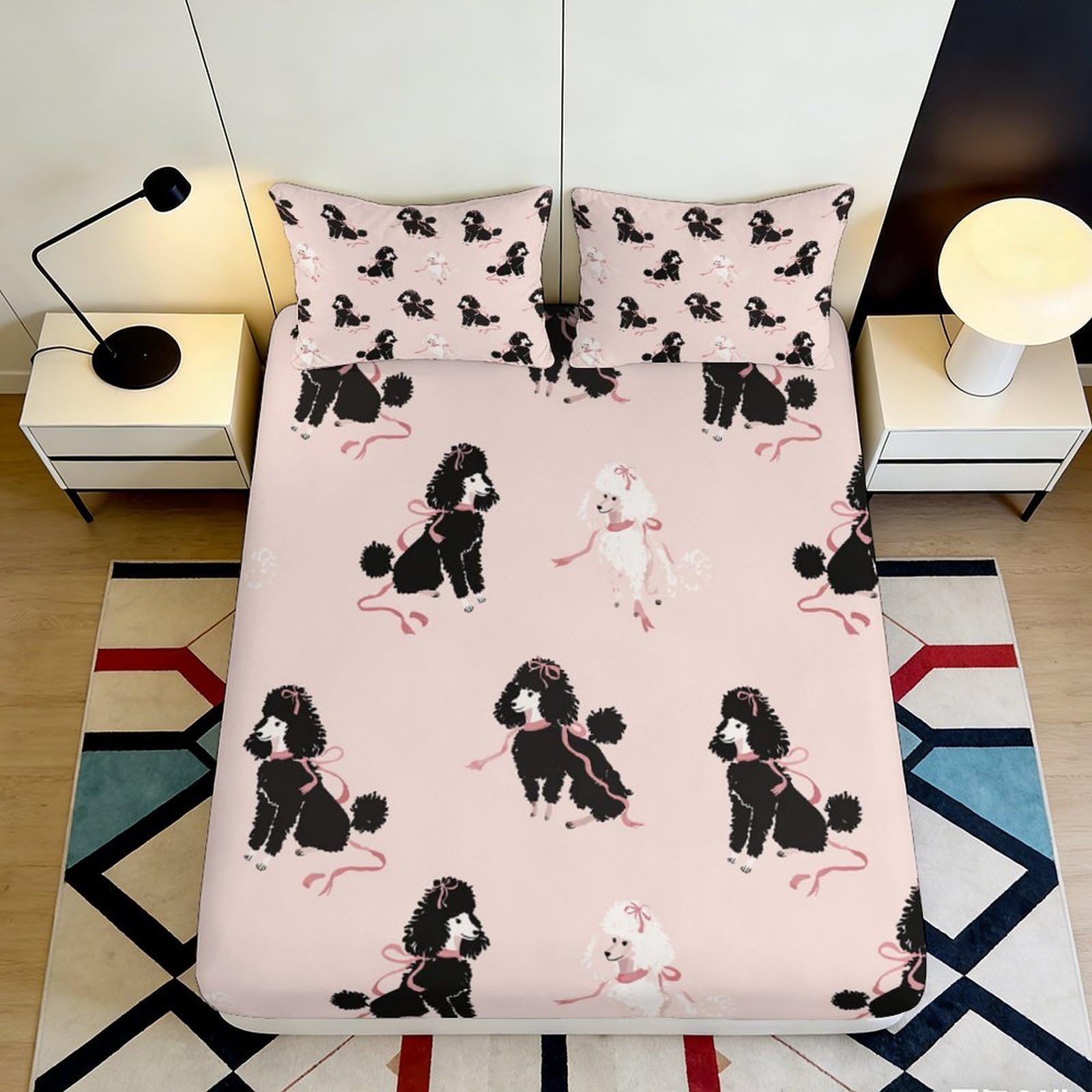 3D Printed Poodle Dog Fitted Sheet Microfiber Soft Pink Cartoon Bed Cover for Bedroom Dorm Mattress Protection Decor 90x200x25cm